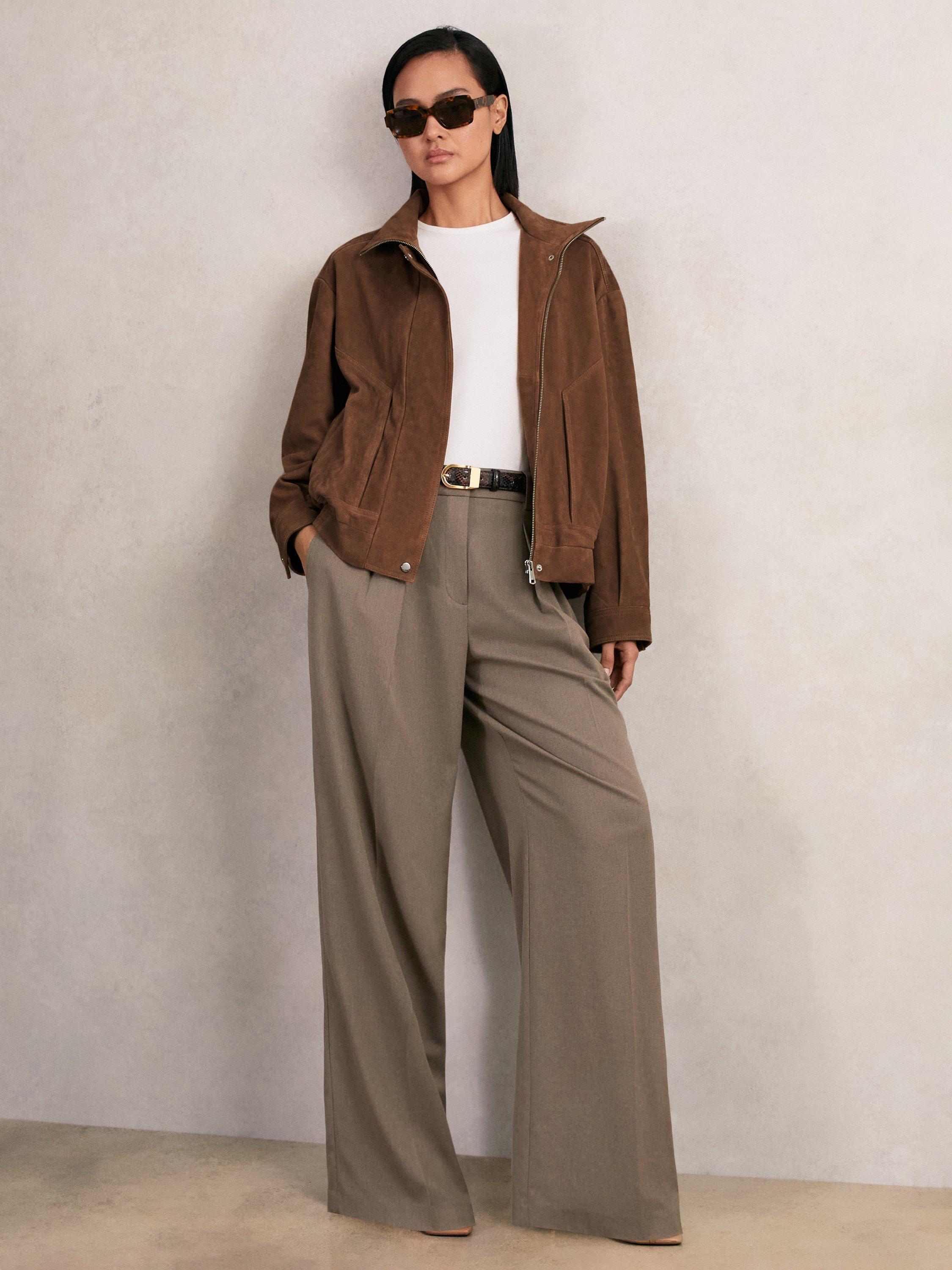 Product image 4 of 5, which shows Reiss Kiara Funnel Neck Pure Suede Jacket, Tan, 6