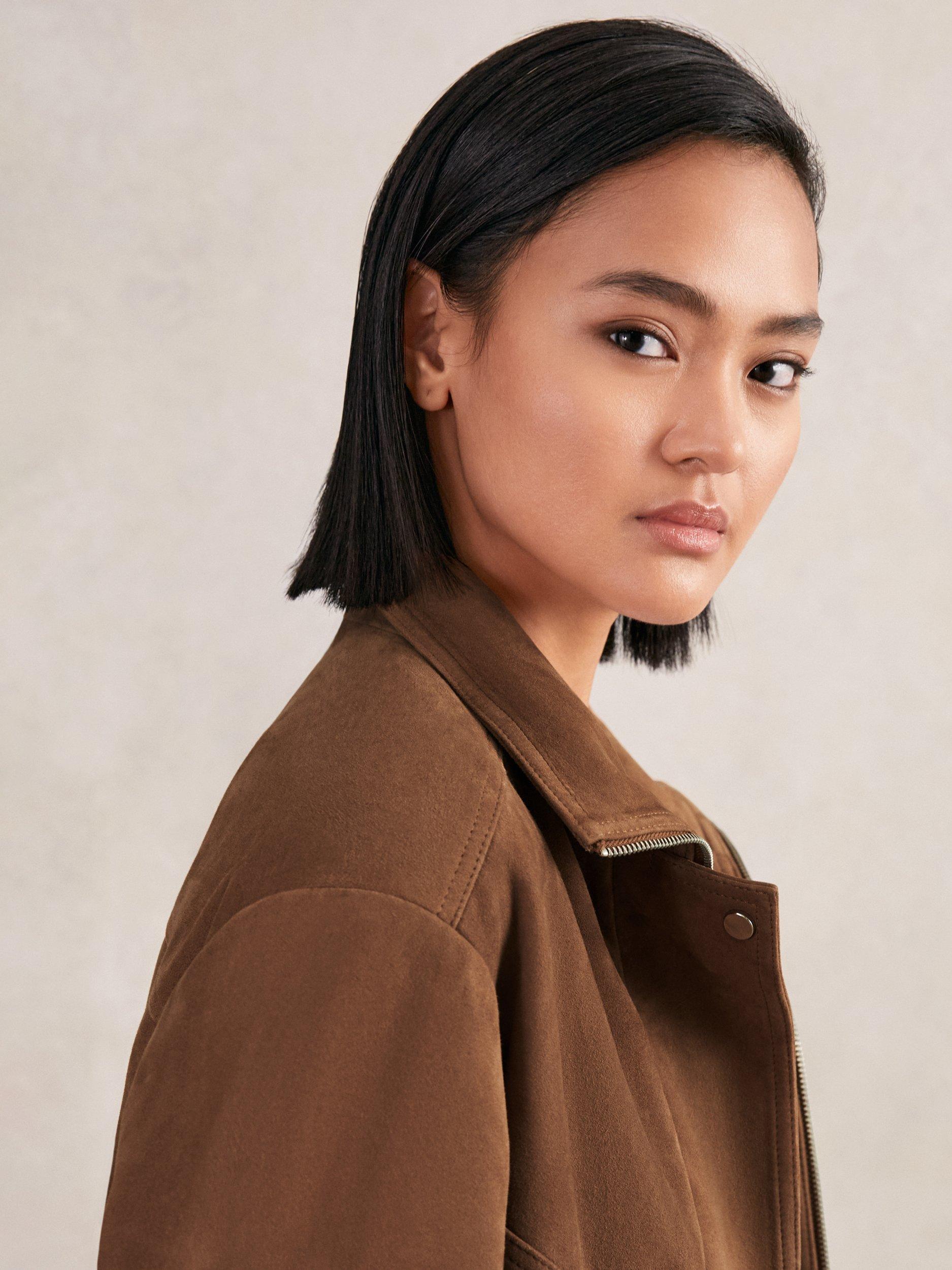 Product image 5 of 5, which shows Reiss Kiara Funnel Neck Pure Suede Jacket, Tan, 6