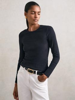 Reiss Jada Crew Neck Long Sleeve Top, Plum Purple, Black