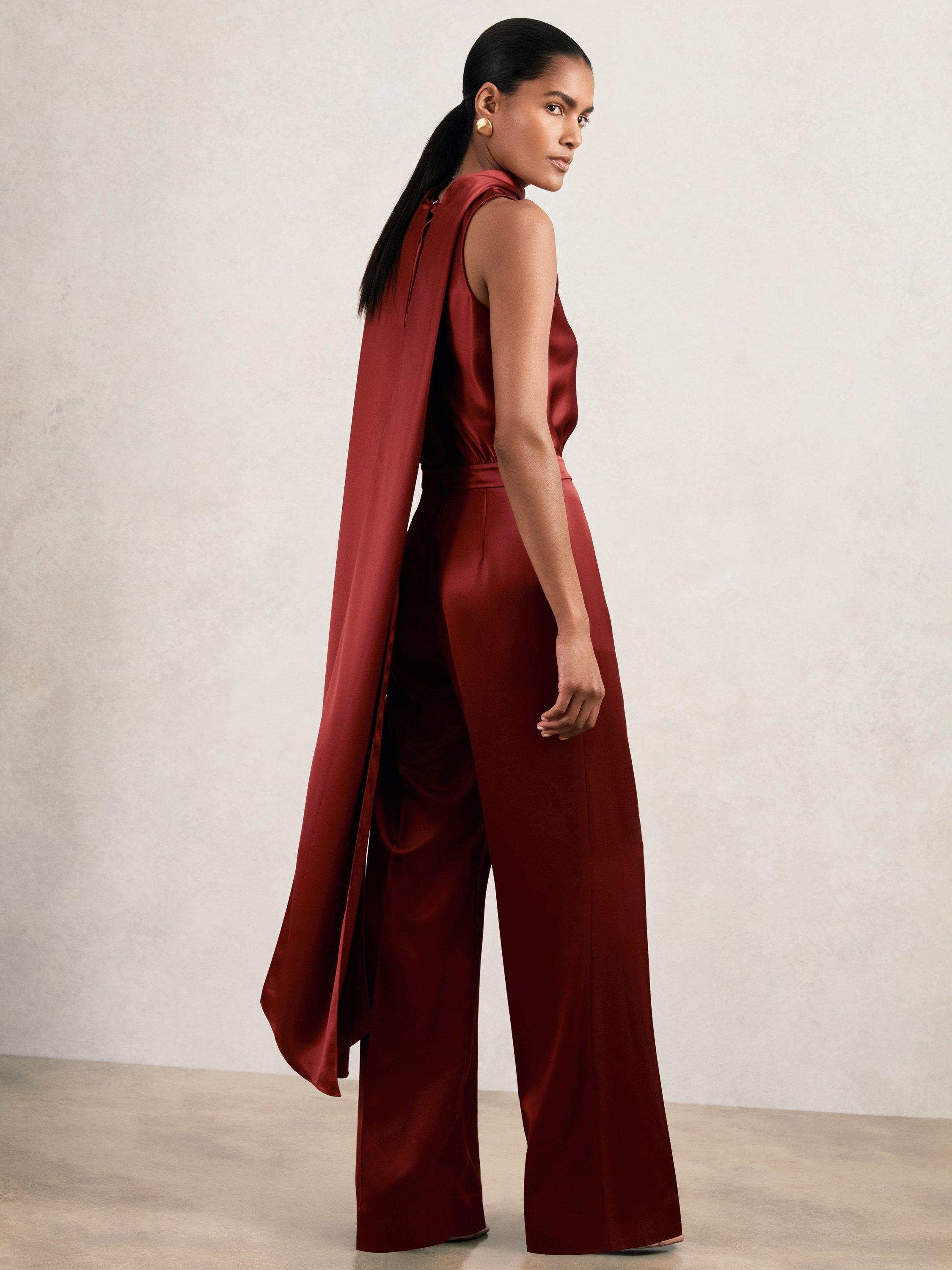 Product image 4 of 5, which shows Reiss Farah Cape Back Jumpsuit, Dark Red, 10