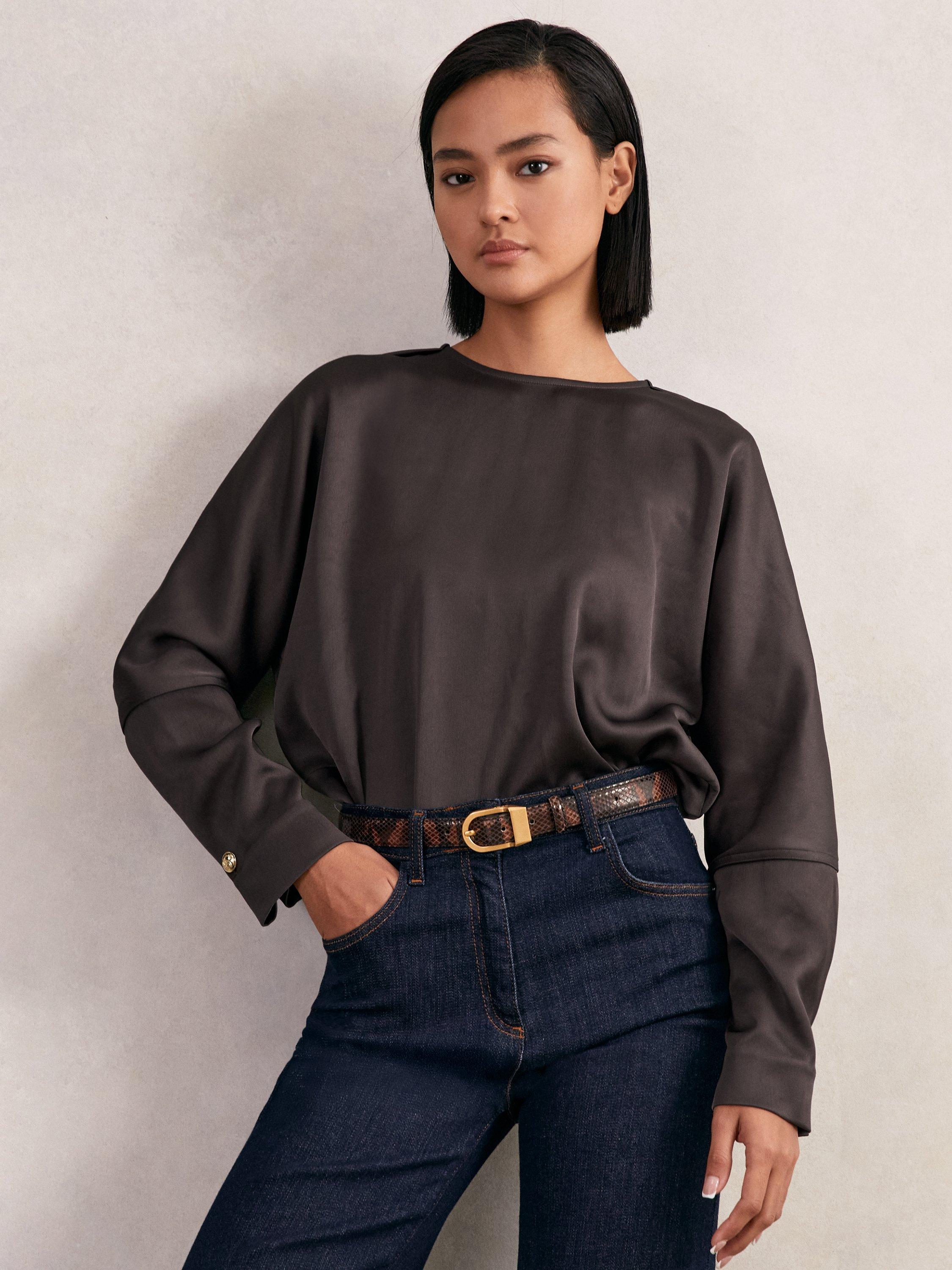 Product image 4 of 5, which shows Reiss Natalia Long Sleeve Button Back Top, Mauve, 10