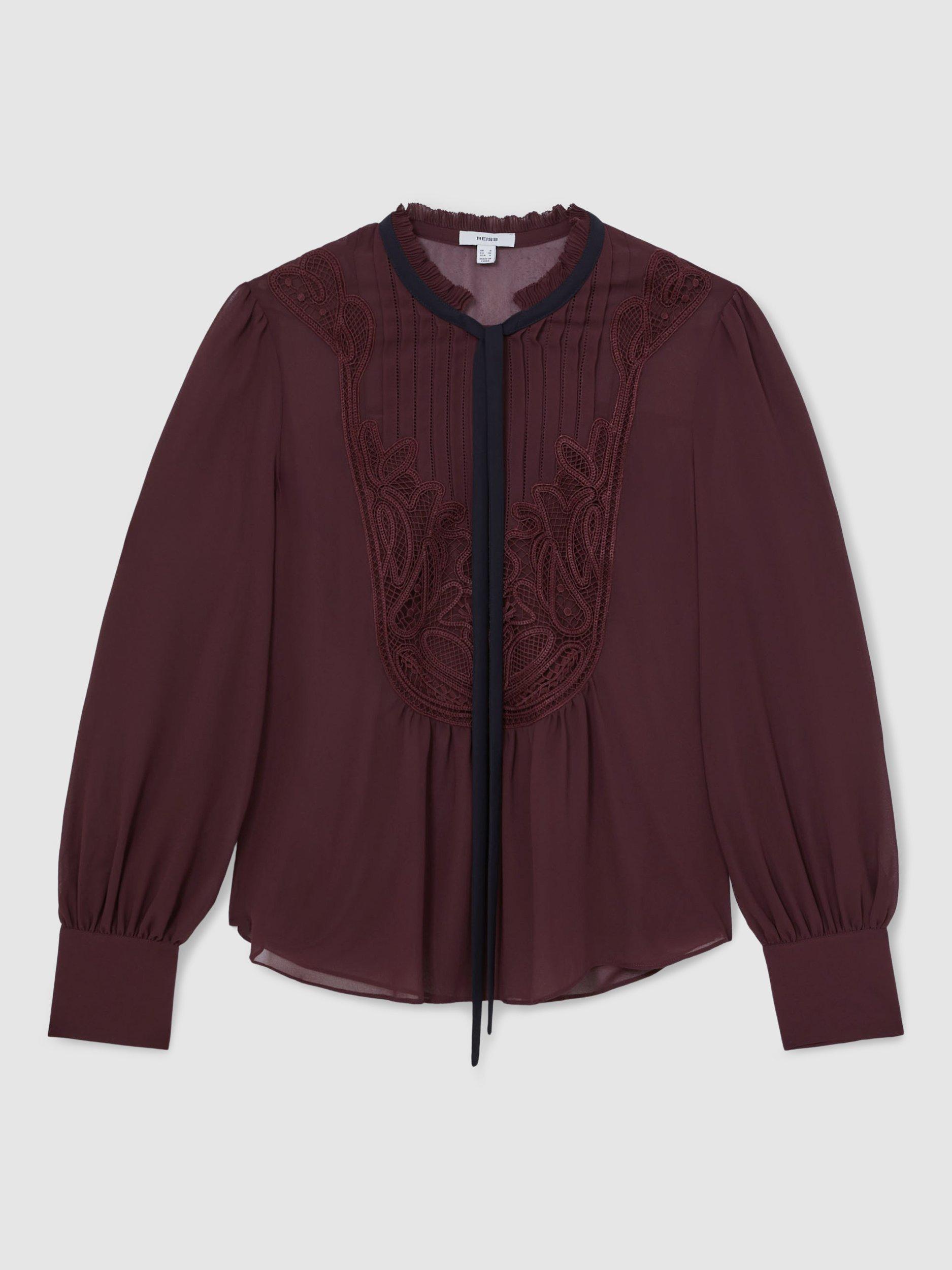 Product image 3 of 5, which shows Reiss Sara Embroidered Lace Top, Burgundy, 8