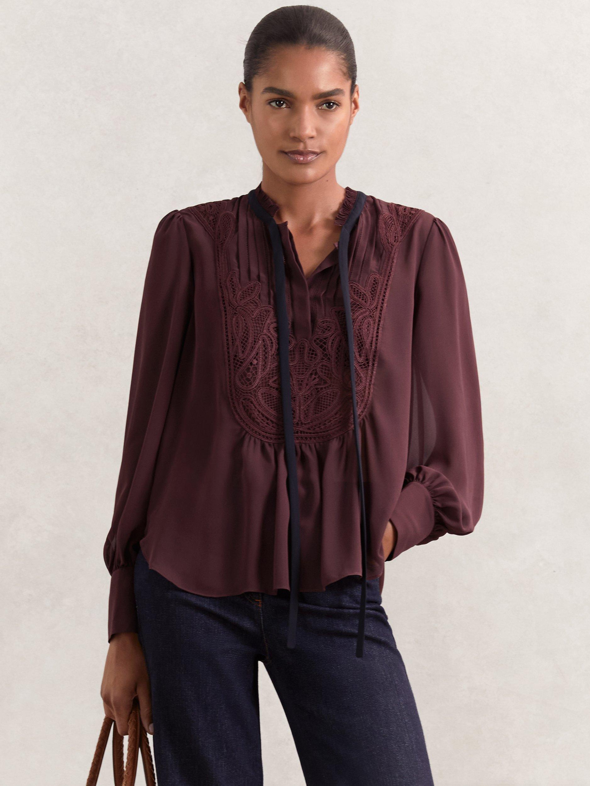 Product image 4 of 5, which shows Reiss Sara Embroidered Lace Top, Burgundy, 8
