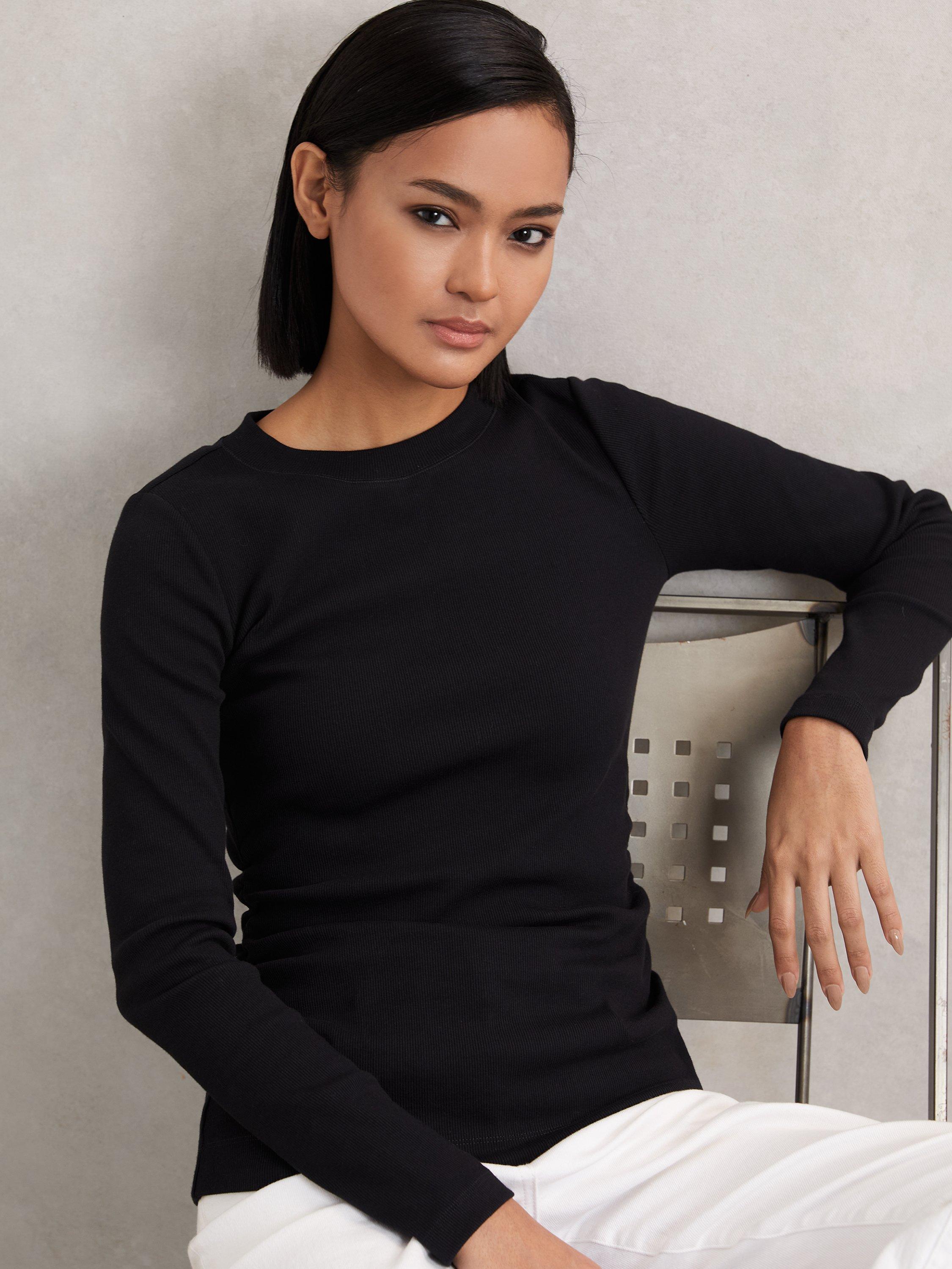 Product image 1 of 5, which shows Reiss Tessa Ribbed Long Sleeve Top, Black, S