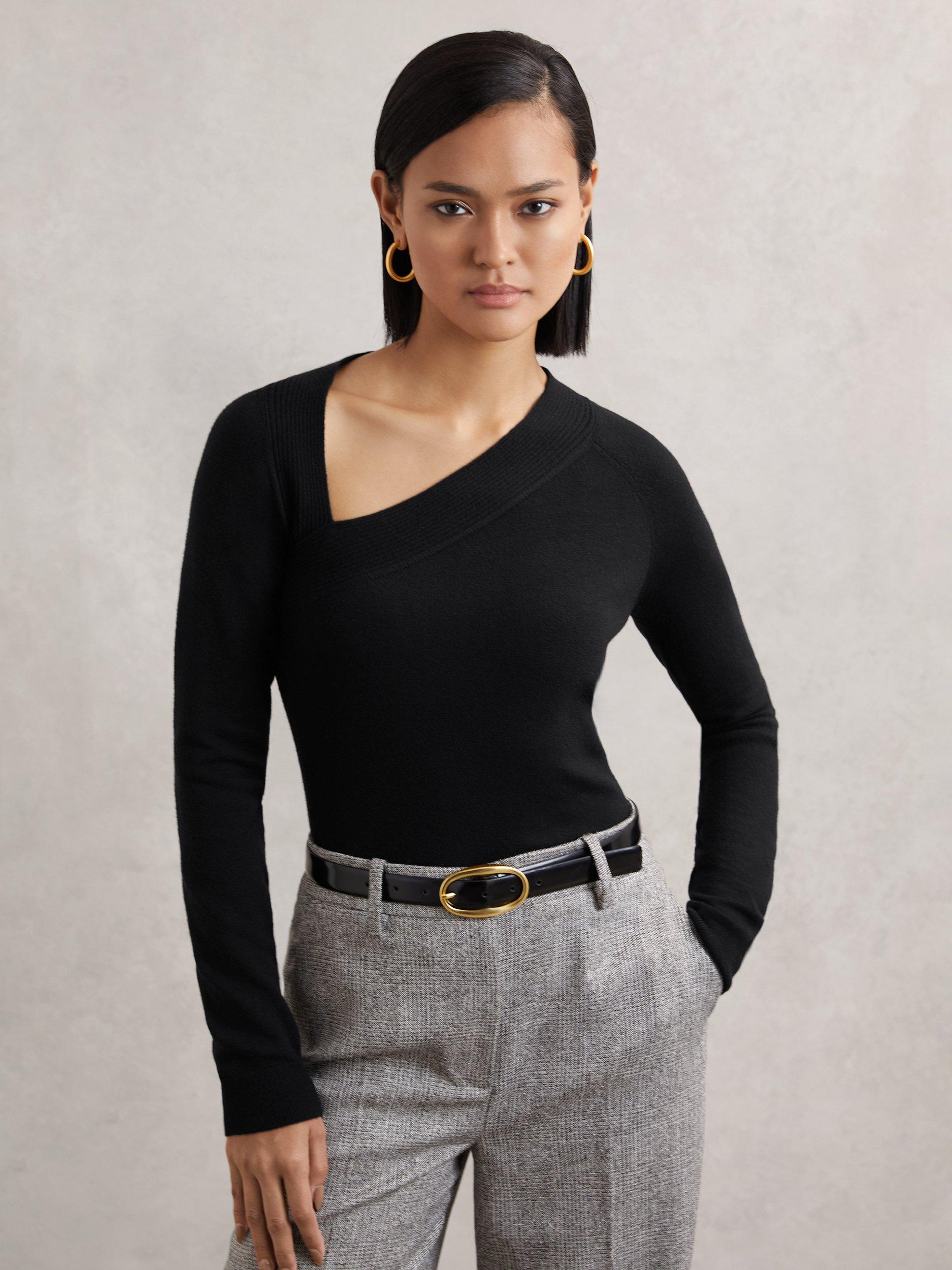Product image 1 of 5, which shows Reiss Zoie Asymmetric Wool Rich Top, Black, XS