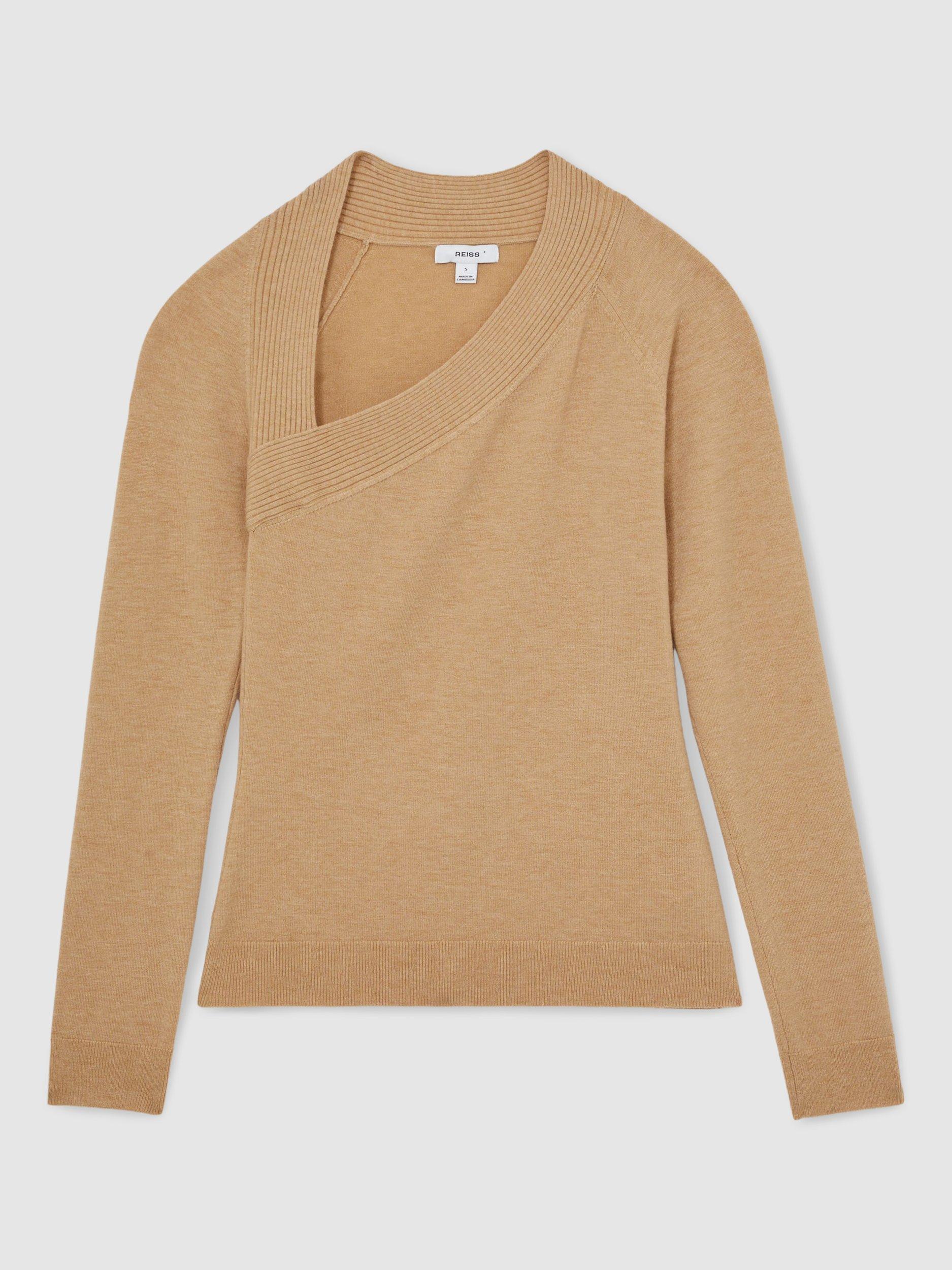 Product image 3 of 5, which shows Reiss Zoie Asymmetric Wool Rich Top, Camel, M