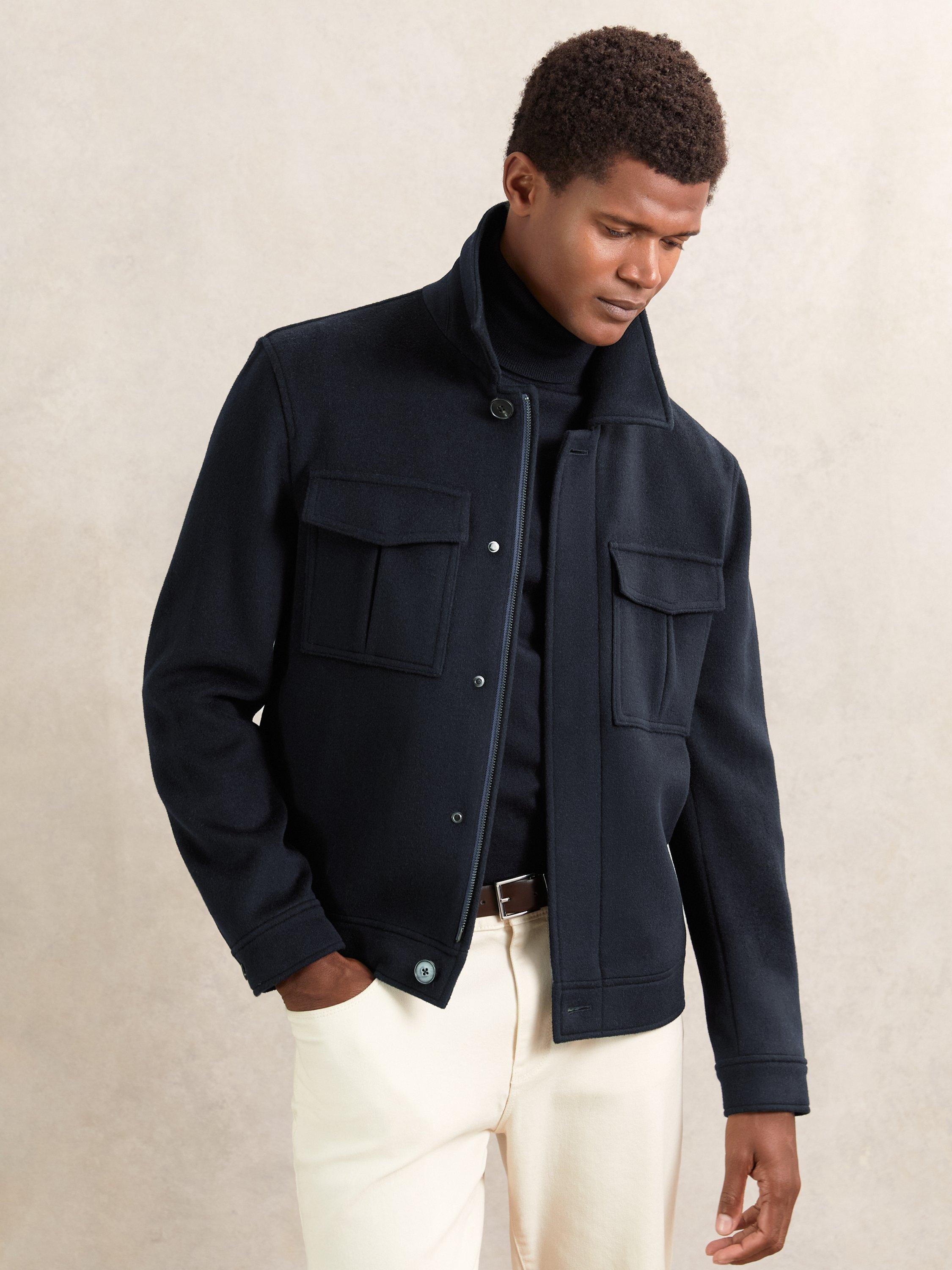 Product image 1 of 5, which shows Reiss Perisil Wool Blend Twin Pocket Zipped Jacket, Navy, S