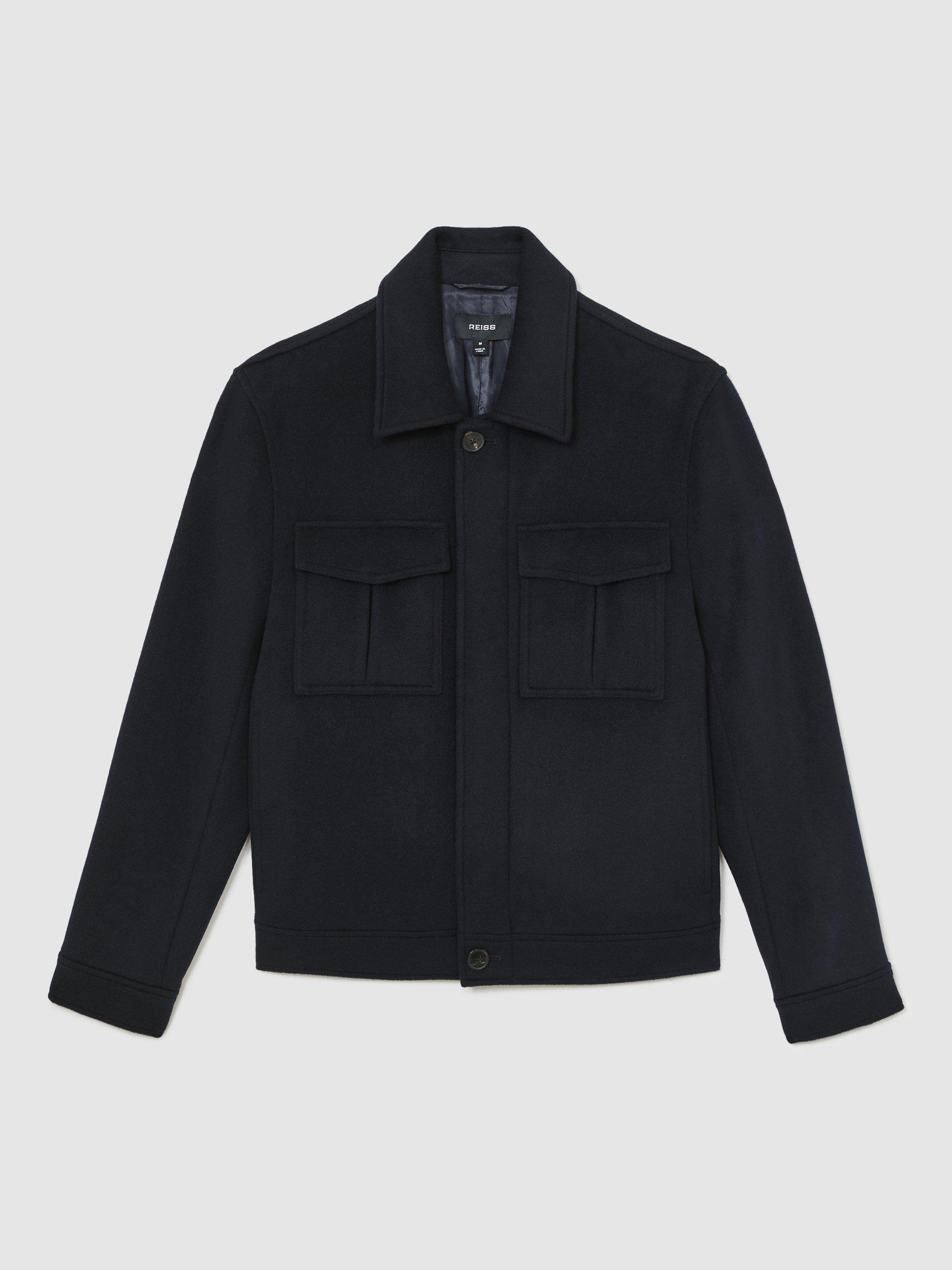 Product image 3 of 5, which shows Reiss Perisil Wool Blend Twin Pocket Zipped Jacket, Navy, S