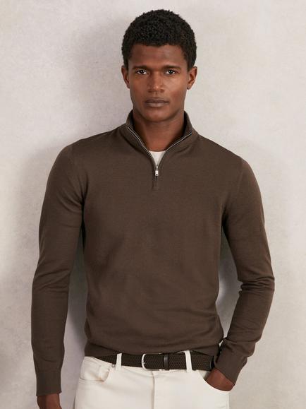 Reiss Blackhall Half Zip Merino Wool Jumper, Chocolate Brown, Chocolate Brown