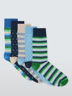 John Lewis Organic Cotton Rich Stripe & Spot Socks, Pack of 5, Blue Multi, Blue Multi