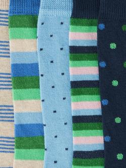 John Lewis Organic Cotton Rich Stripe & Spot Socks, Pack of 5, Blue Multi - view 2, Blue Multi