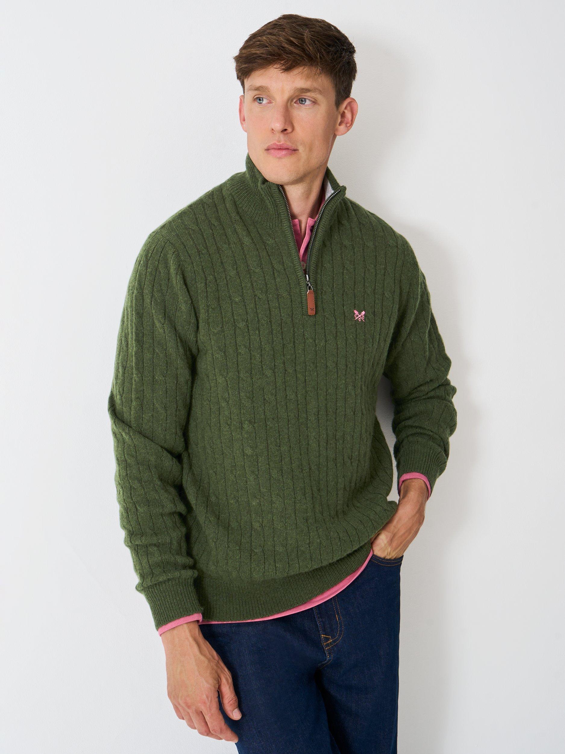 Product image 1 of 5, which shows Crew Clothing Half-Zip Lambswool Cable Knit Jumper, Khaki Green, XS