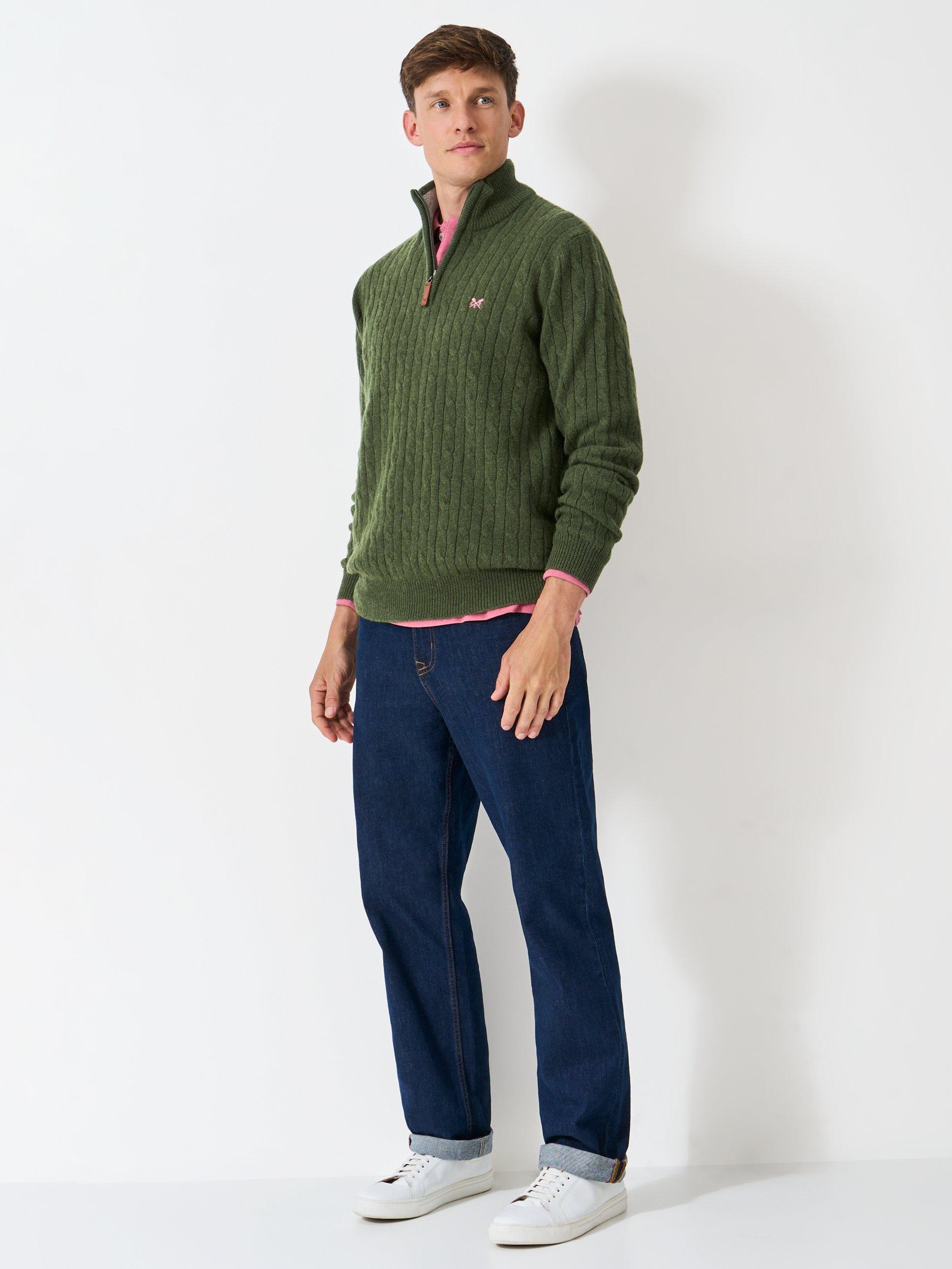 Product image 3 of 5, which shows Crew Clothing Half-Zip Lambswool Cable Knit Jumper, Khaki Green, XS