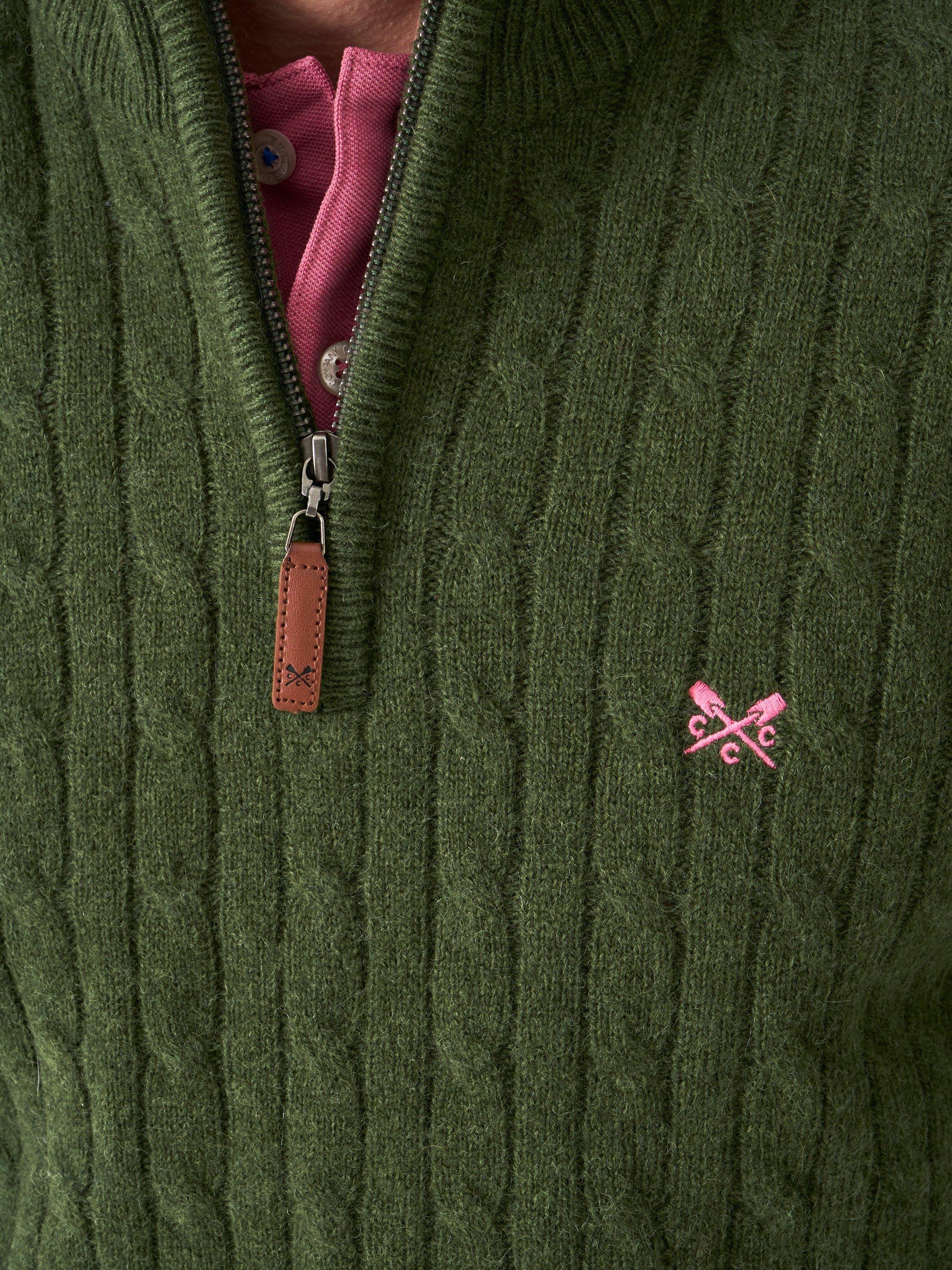 Product image 4 of 5, which shows Crew Clothing Half-Zip Lambswool Cable Knit Jumper, Khaki Green, XS