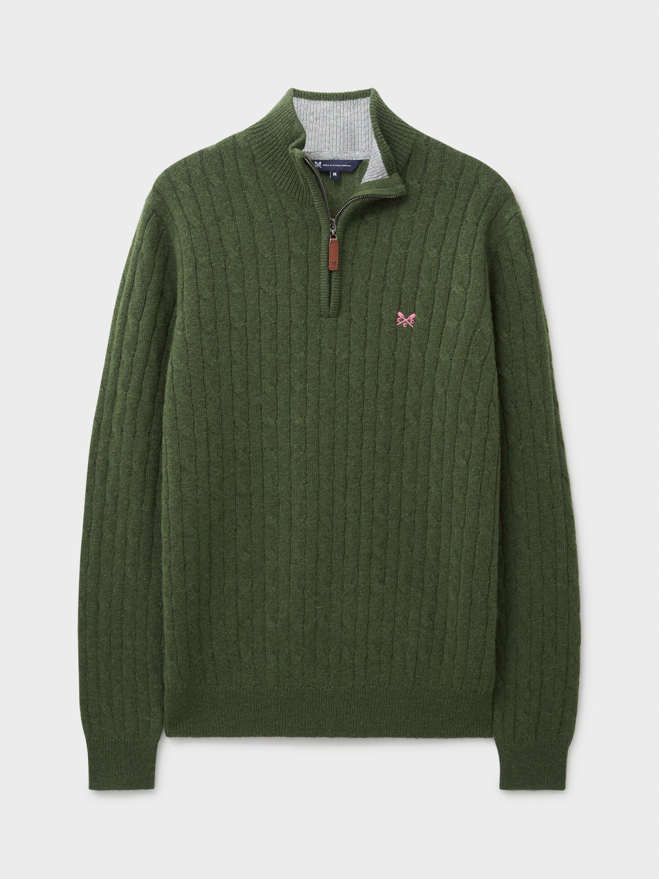 Product image 5 of 5, which shows Crew Clothing Half-Zip Lambswool Cable Knit Jumper, Khaki Green, XS