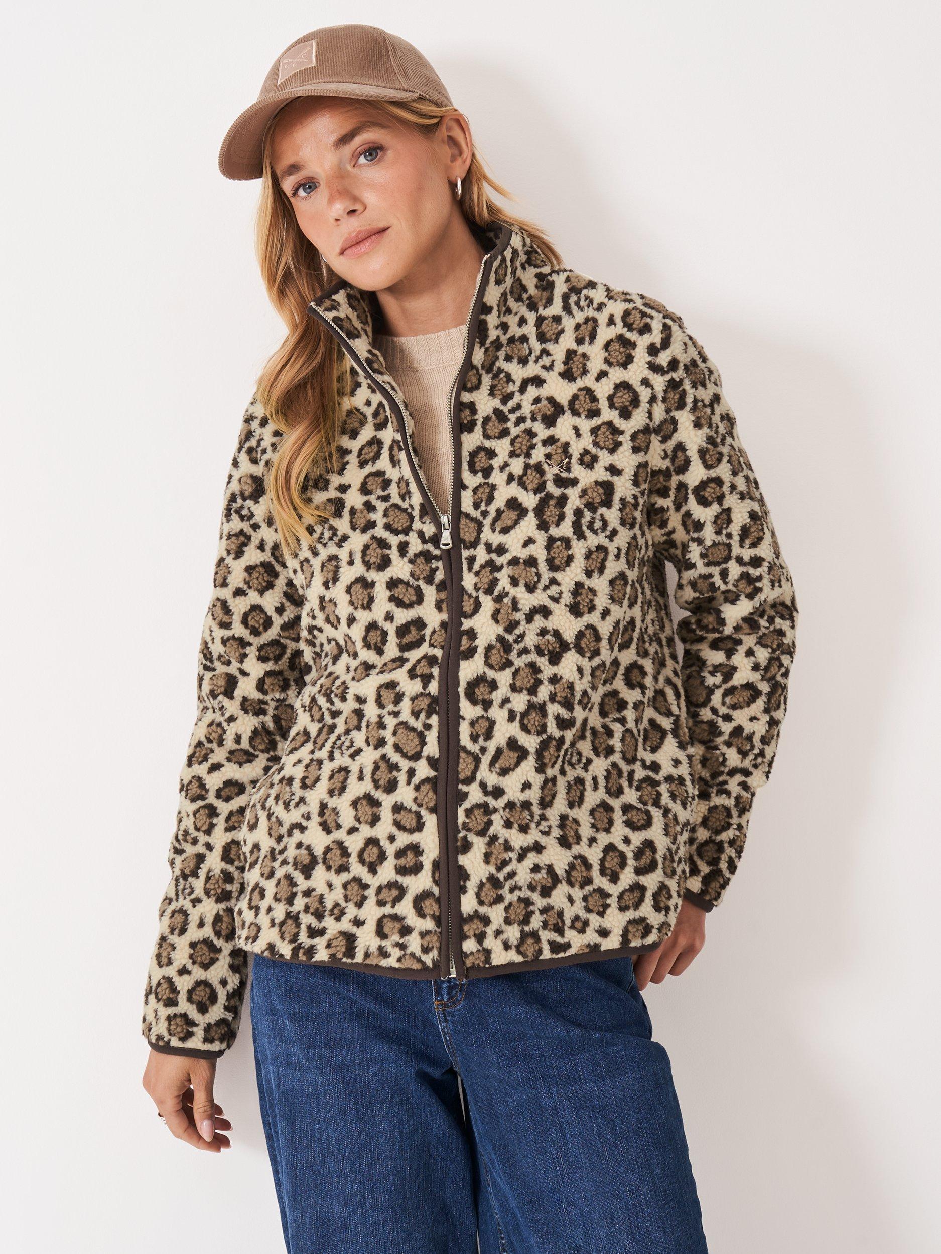 Product image 1 of 5, which shows Crew Clothing Leopard Print Borg Fleece, Multi Brown, 10