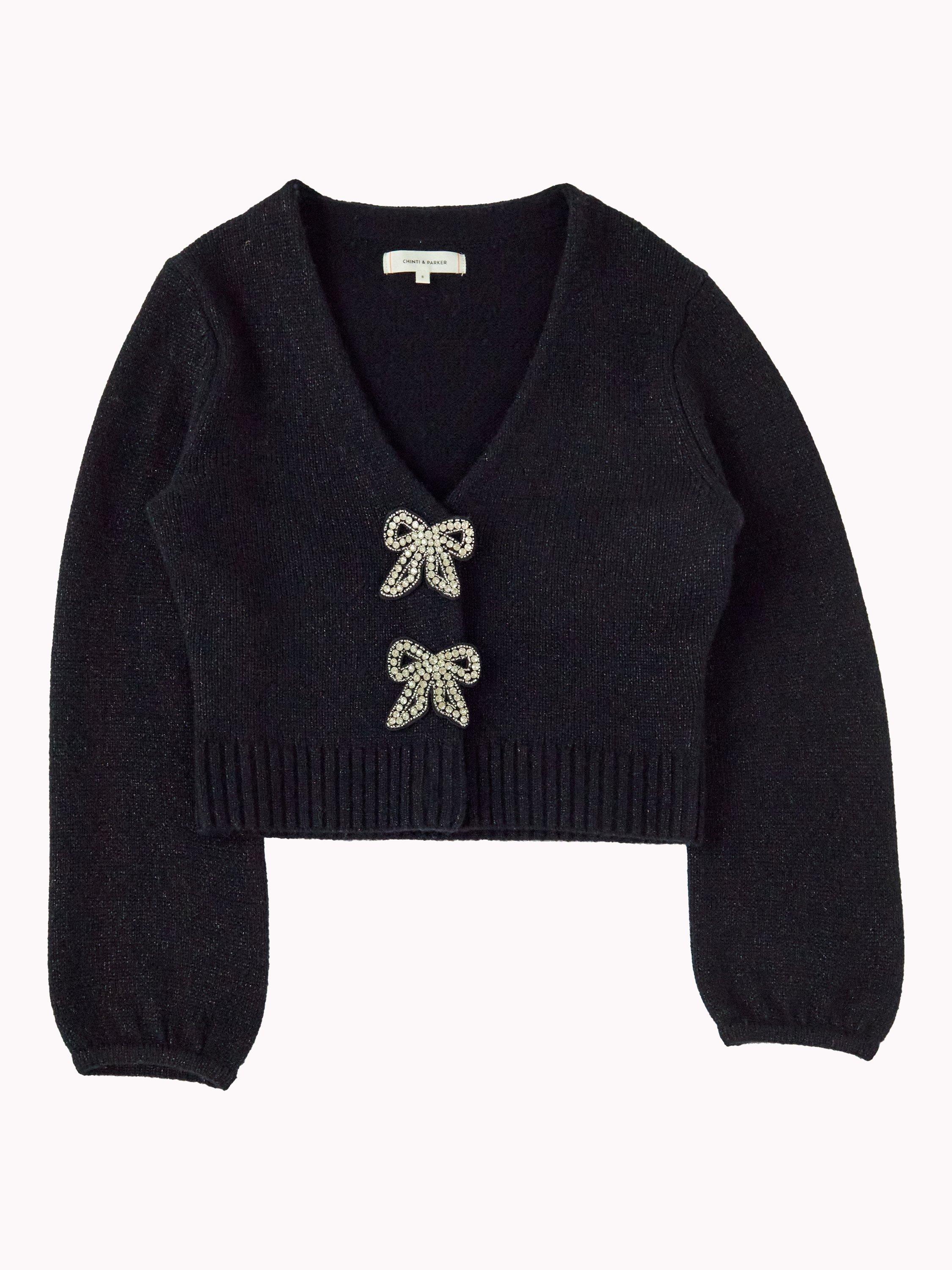 Product image 4 of 4, which shows Chinti & Parker Crystal Bow Front Wool Rich Cardigan, Black, XS
