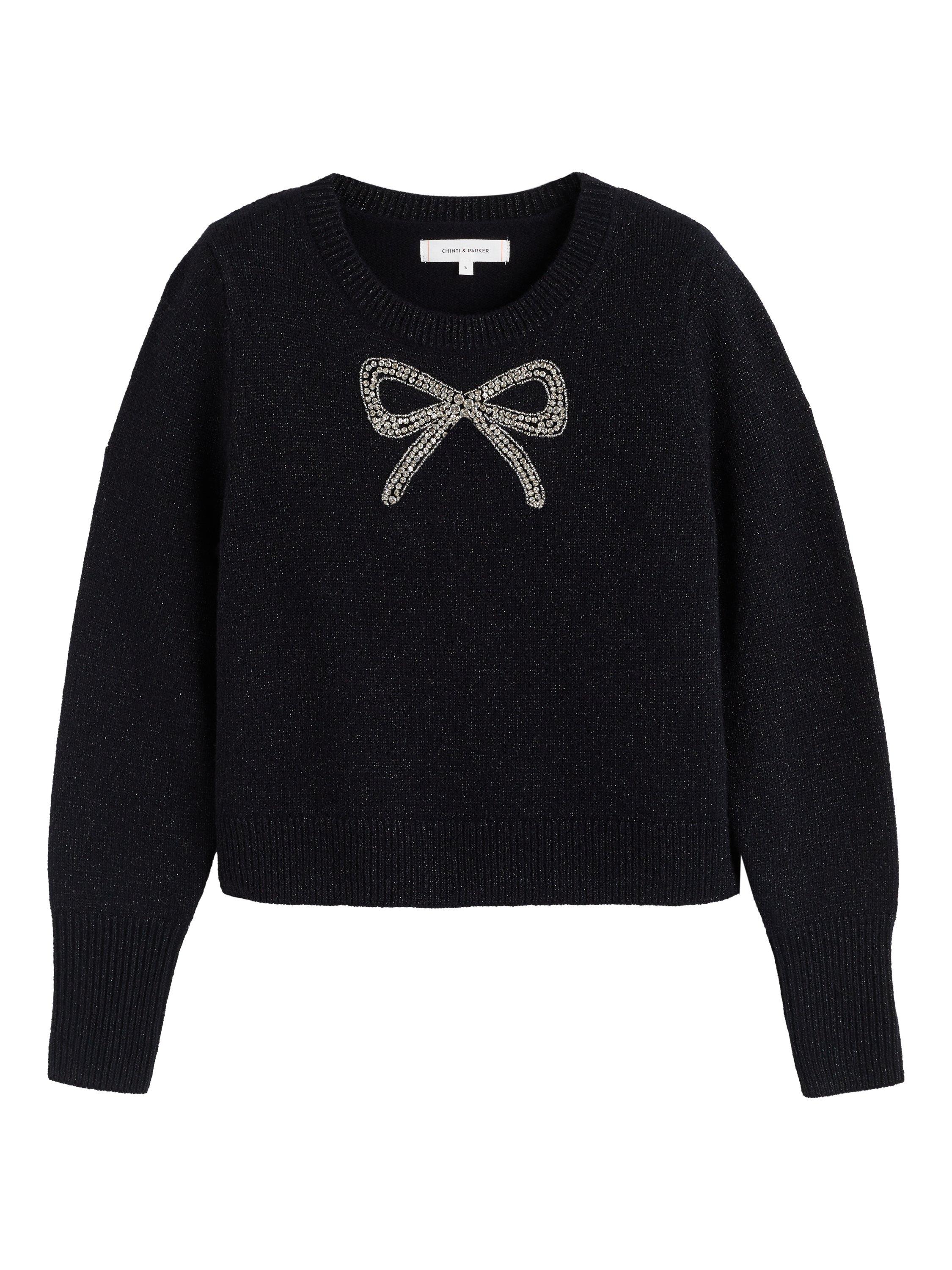 Product image 4 of 4, which shows Chinti & Parker Crystal Bow Pure Wool Jumper, Black, XS