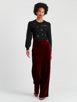 Chinti & Parker Wide Leg Velvet Trousers, Black, Claret