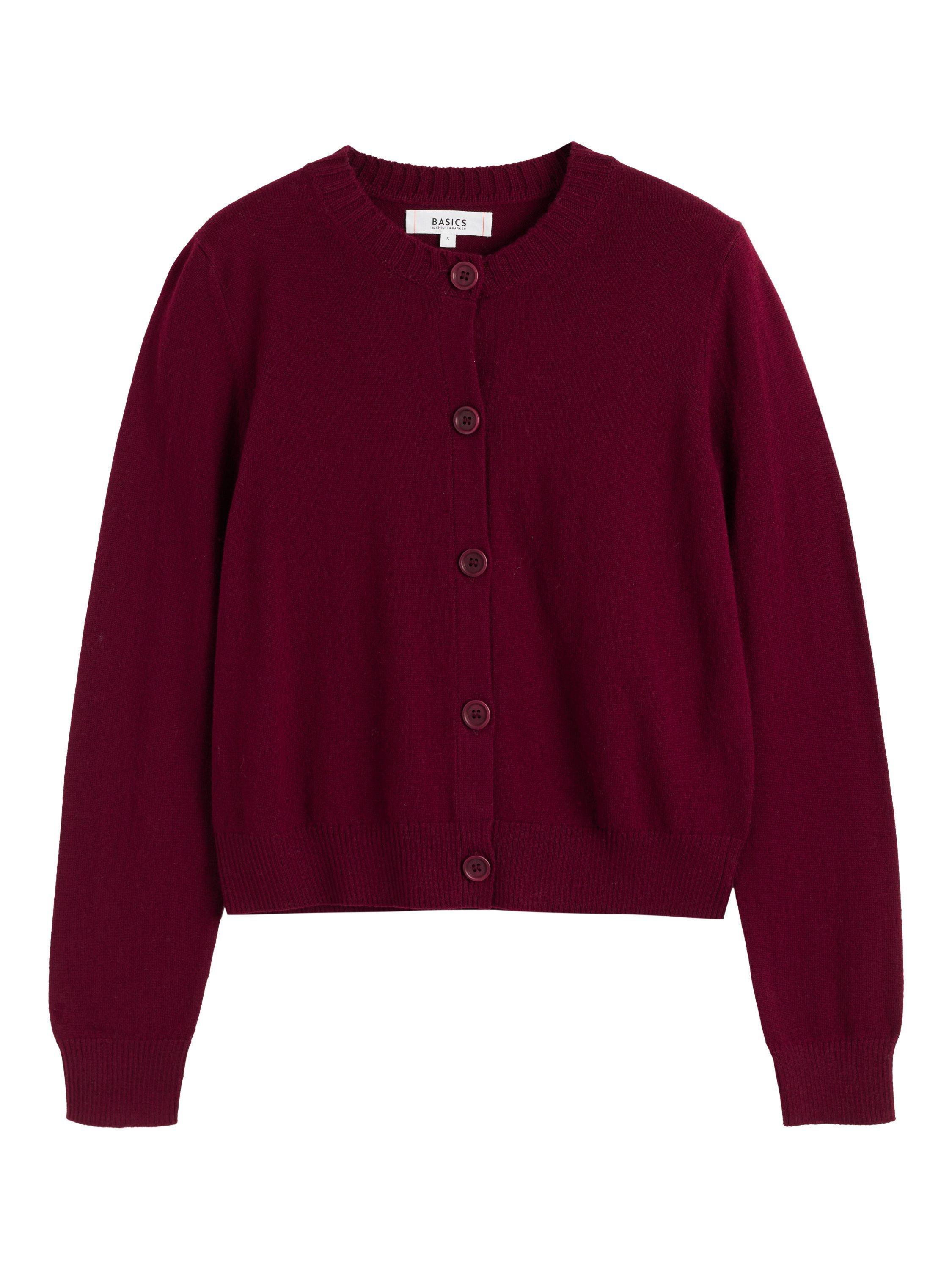 Product image 4 of 11, which shows Chinti & Parker Crew Neck Wool Rich Cardigan, Dark Red, XS