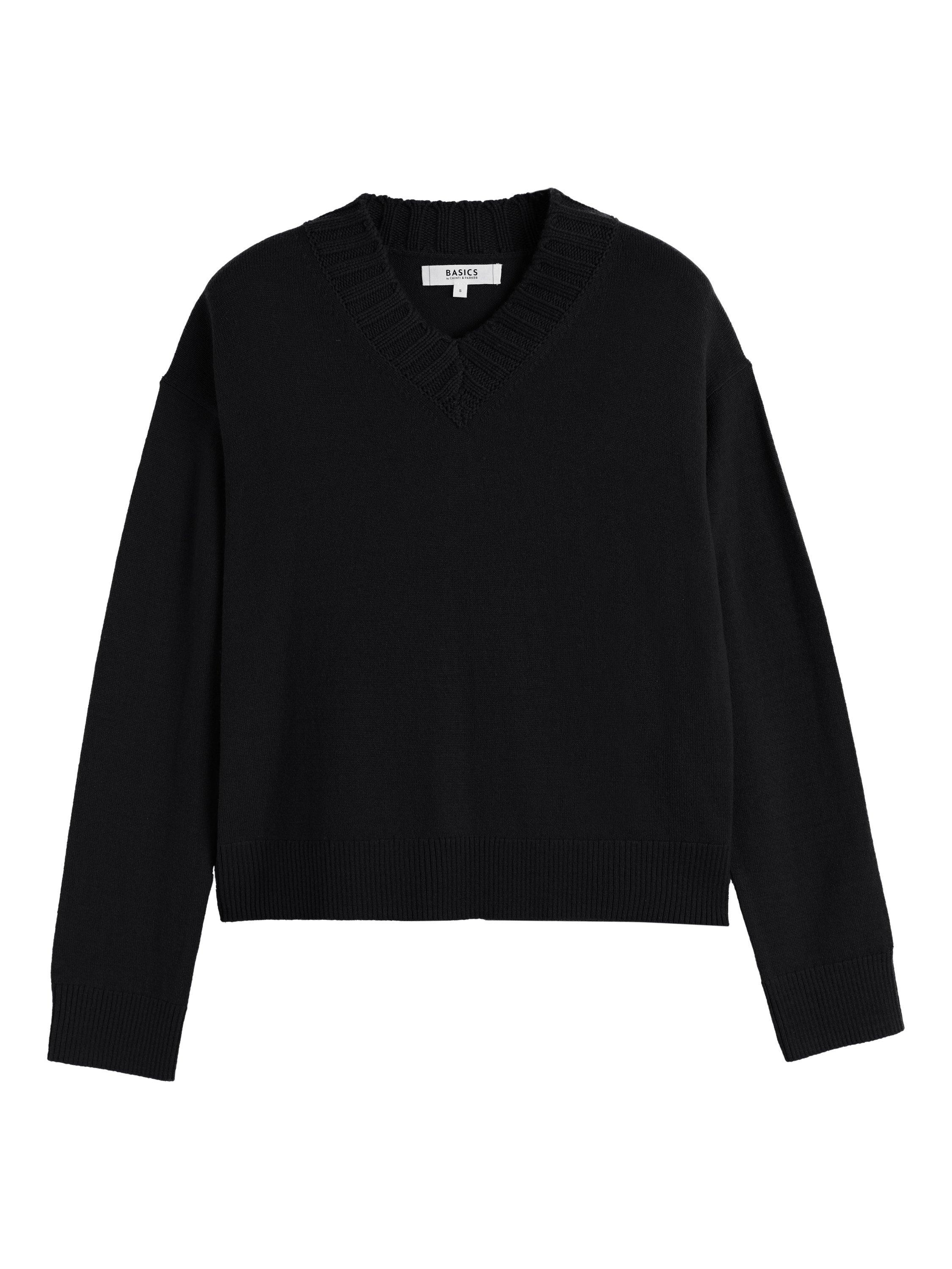 Product image 4 of 4, which shows Chinti & Parker Ribbed V-Neck Wool Rich Jumper, Black, XS