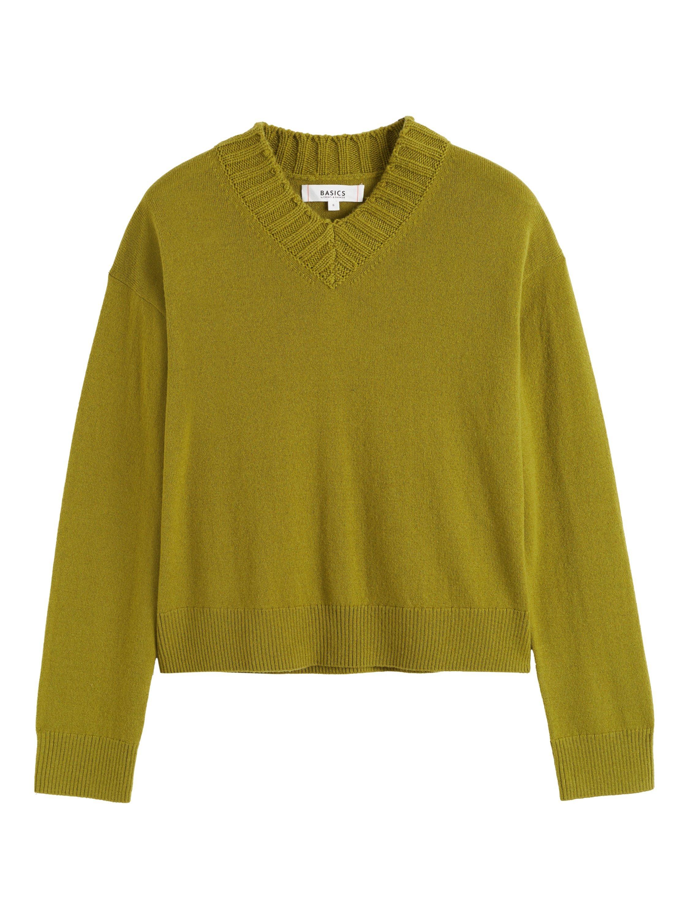 Product image 4 of 4, which shows Chinti & Parker Ribbed V-Neck Wool Rich Jumper, Olive, XS