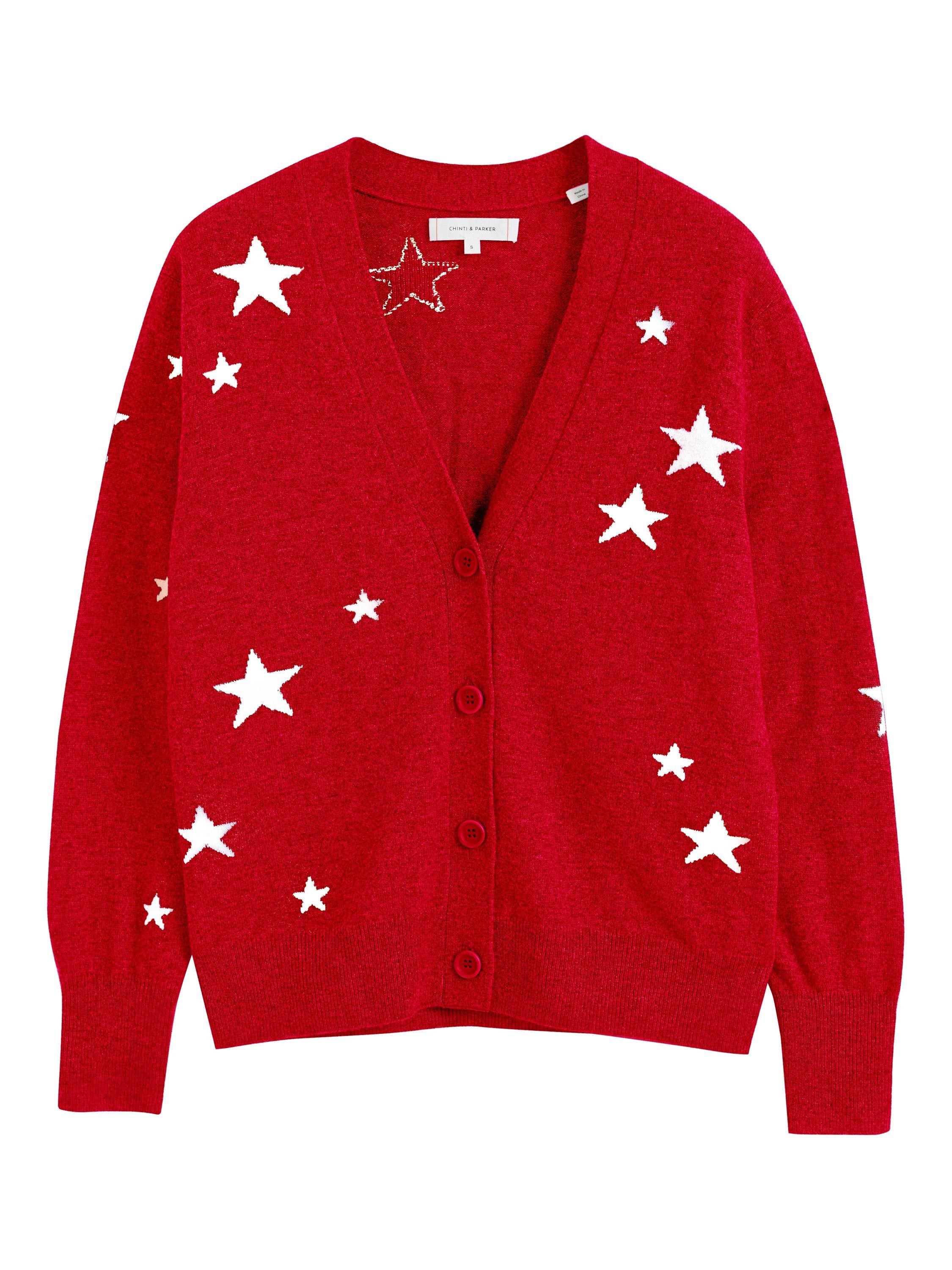 Product image 4 of 4, which shows Chinti & Parker Wool-Cashmere Star Cardigan, Velvet Red, XS