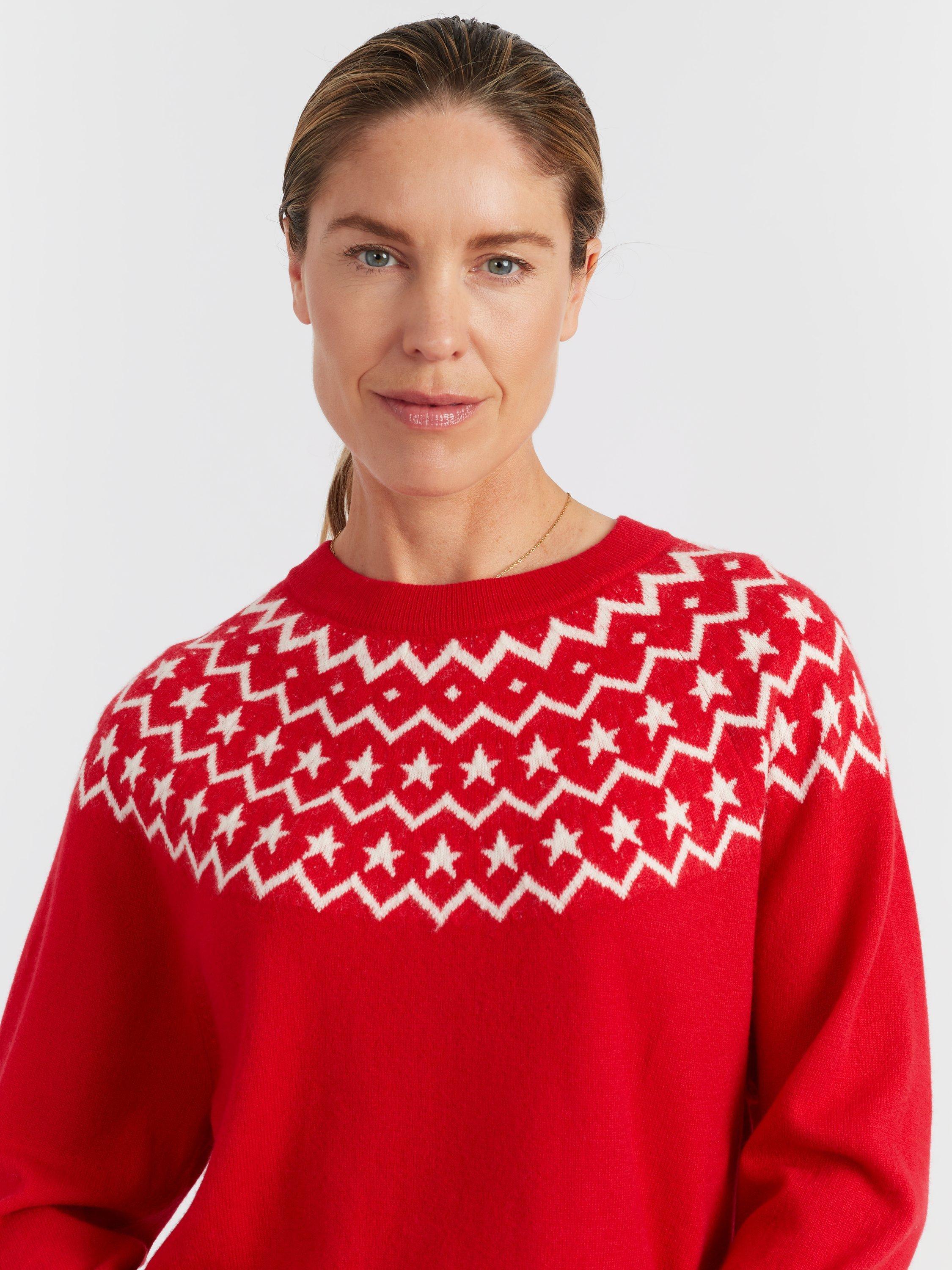 Product image 3 of 4, which shows Chinti & Parker Wool-Cashmere Star Yoke Sweater, Velvet Red, XS
