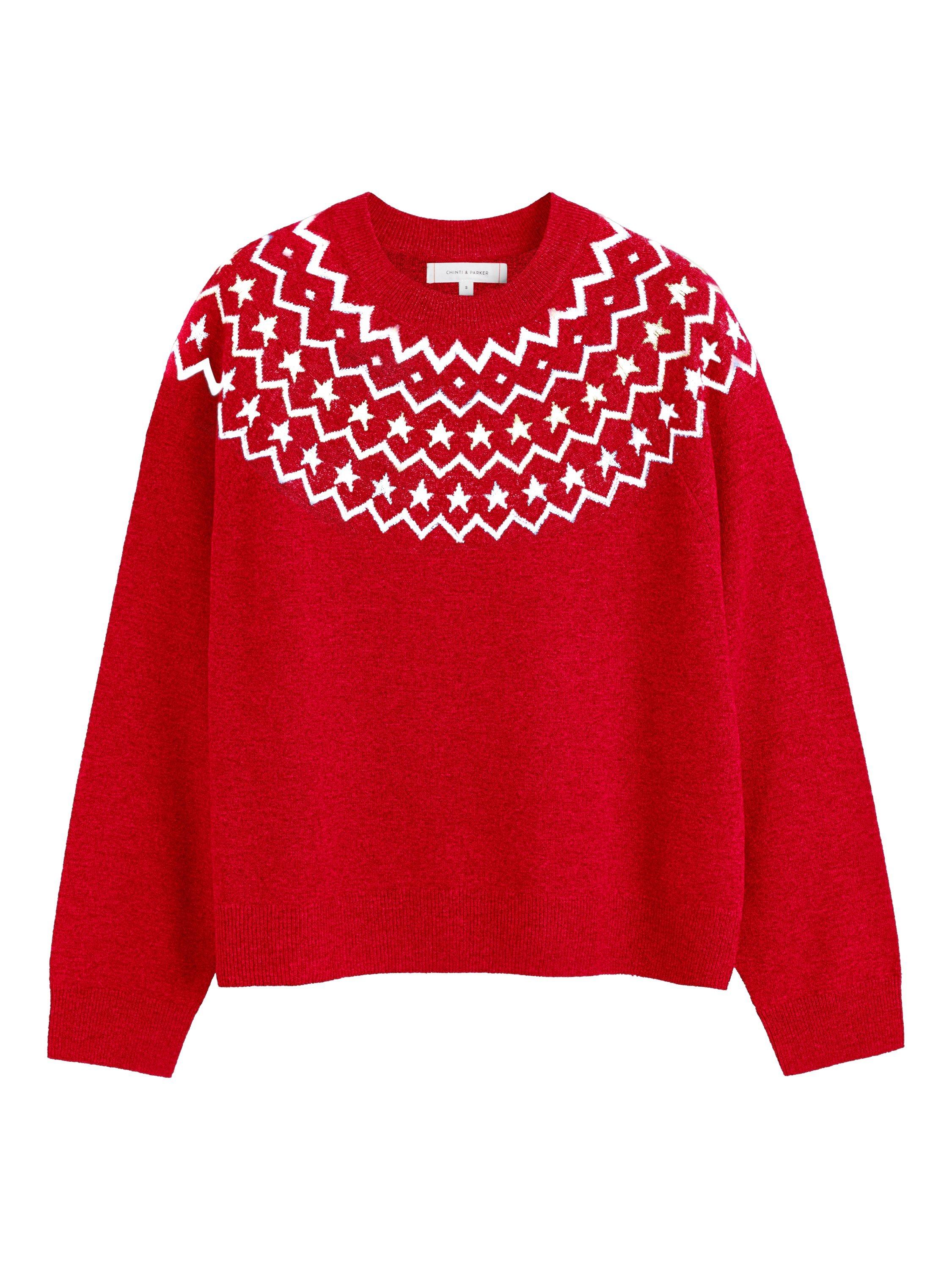 Product image 4 of 4, which shows Chinti & Parker Wool-Cashmere Star Yoke Sweater, Velvet Red, XS