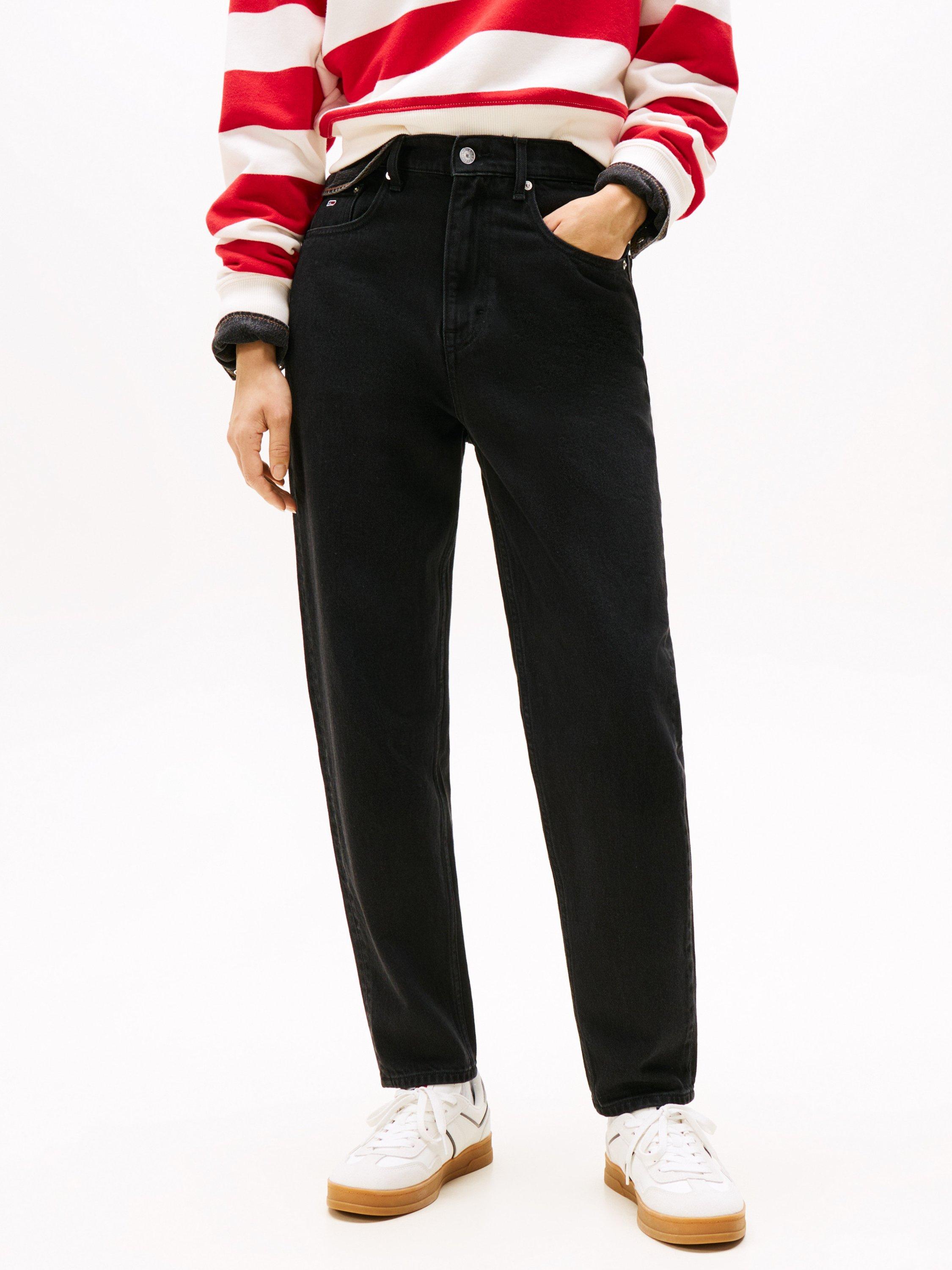Product image 1 of 5, which shows Tommy Hilfiger High Rise Mom Jeans, Black, W25/L30