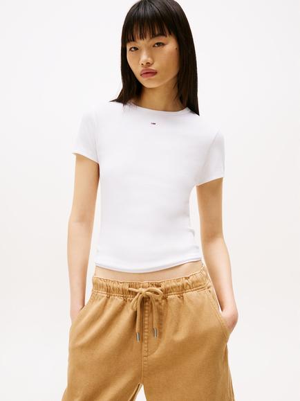 Tommy Hilfiger Logo Ribbed Slim Fit T-Shirt, White
