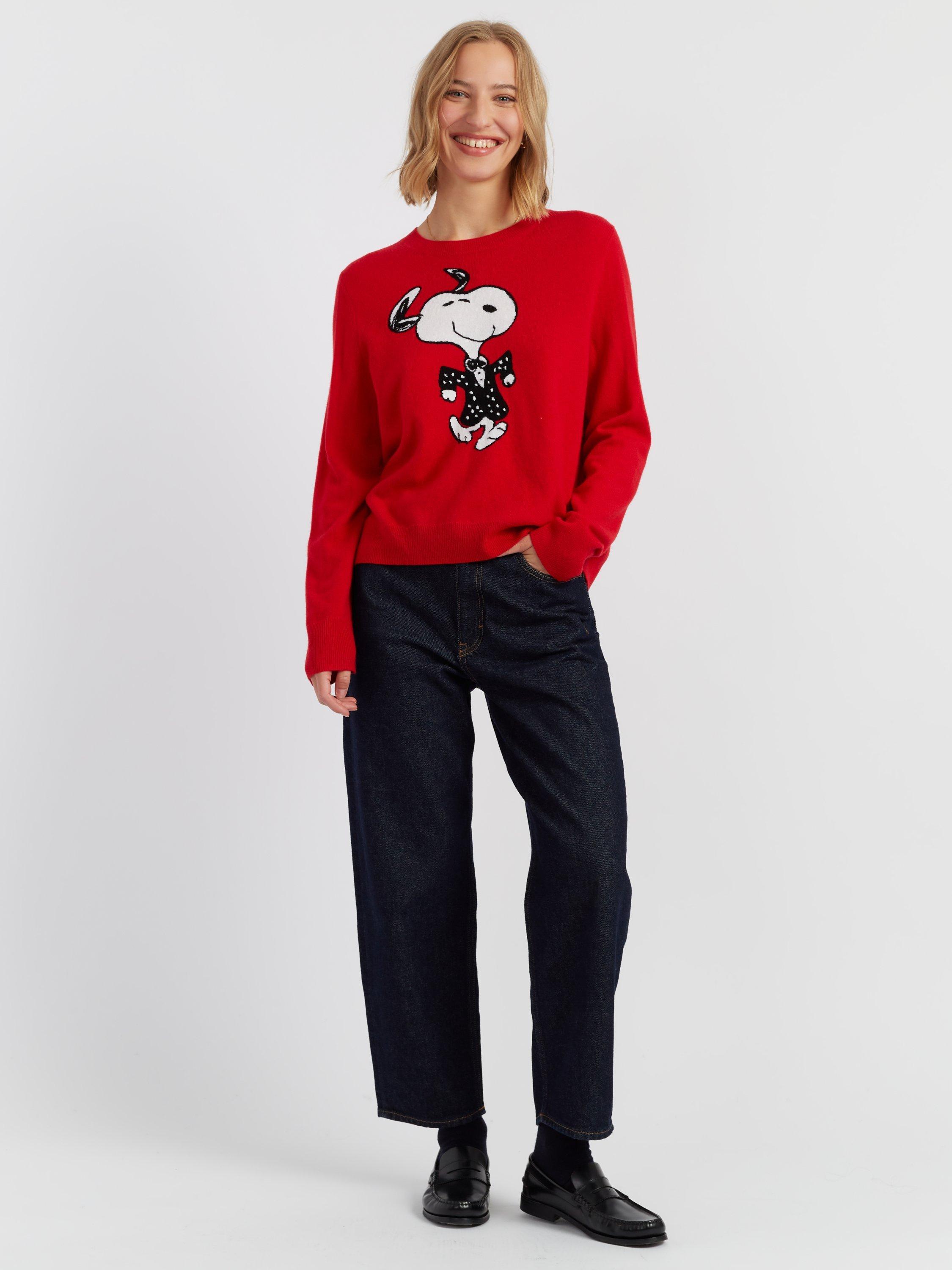 Product image 1 of 4, which shows Chinti & Parker Dancing Snoopy Wool Rich Jumper, Velvet, XS
