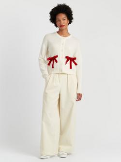 Chinti & Parker Wool-Cashmere Velvet Bow Cardigan, Cream