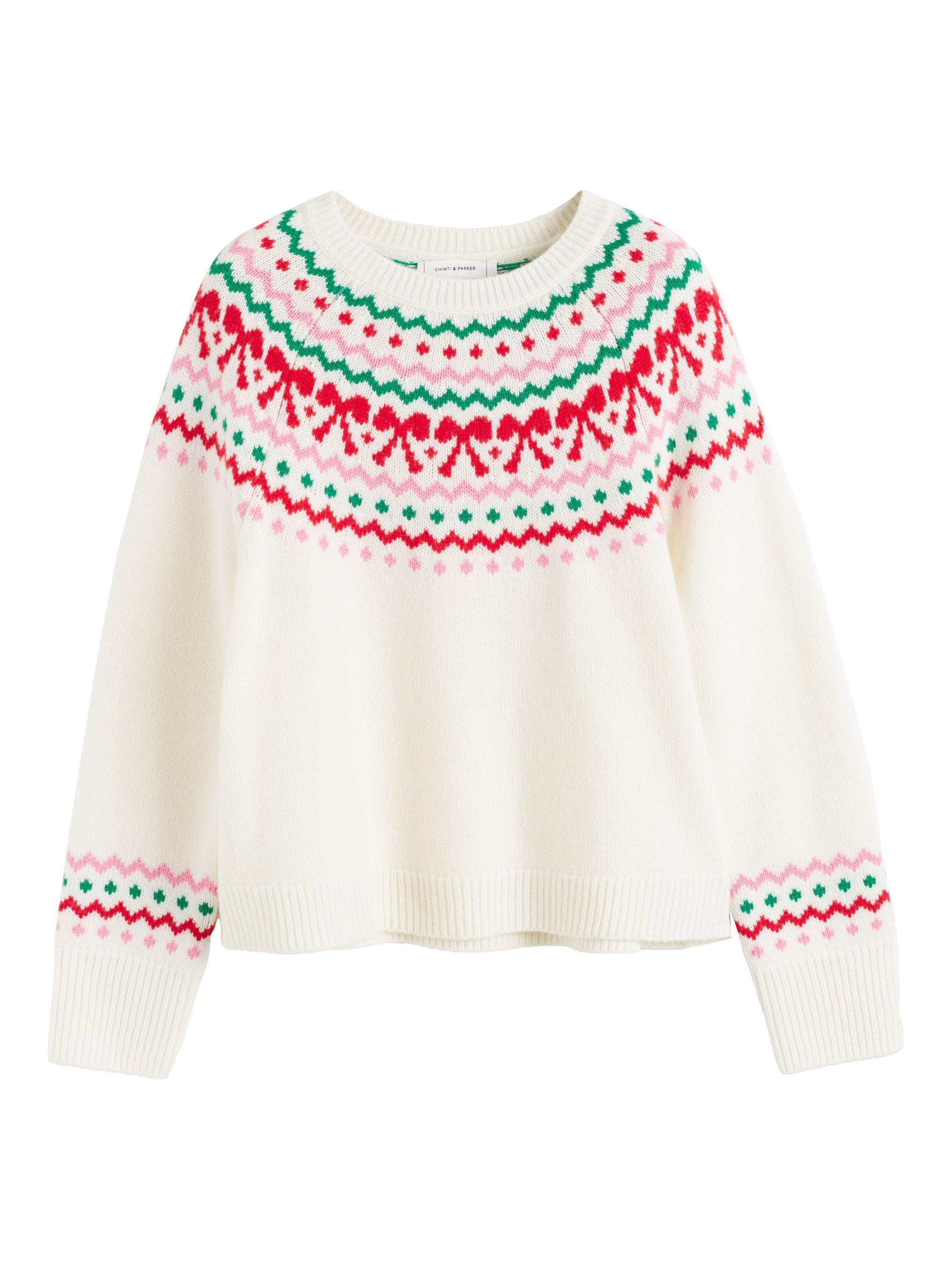 Product image 4 of 4, which shows Chinti & Parker Bow Fairisle Wool-Cashmere  Sweater , Cream/Multi, XS