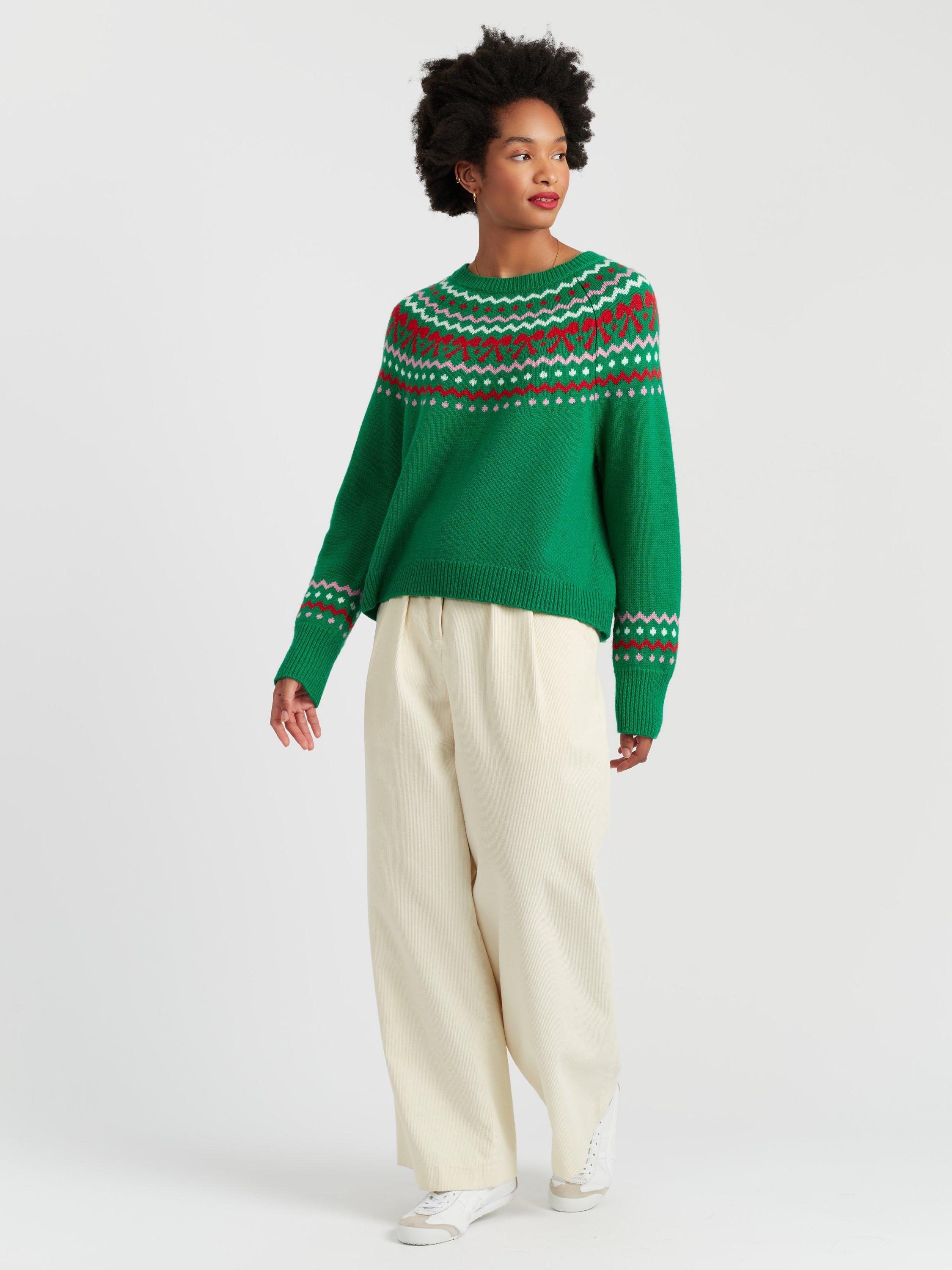 Product image 1 of 4, which shows Chinti & Parker Bow Fairisle Wool-Cashmere  Sweater , Green/Multi, XS