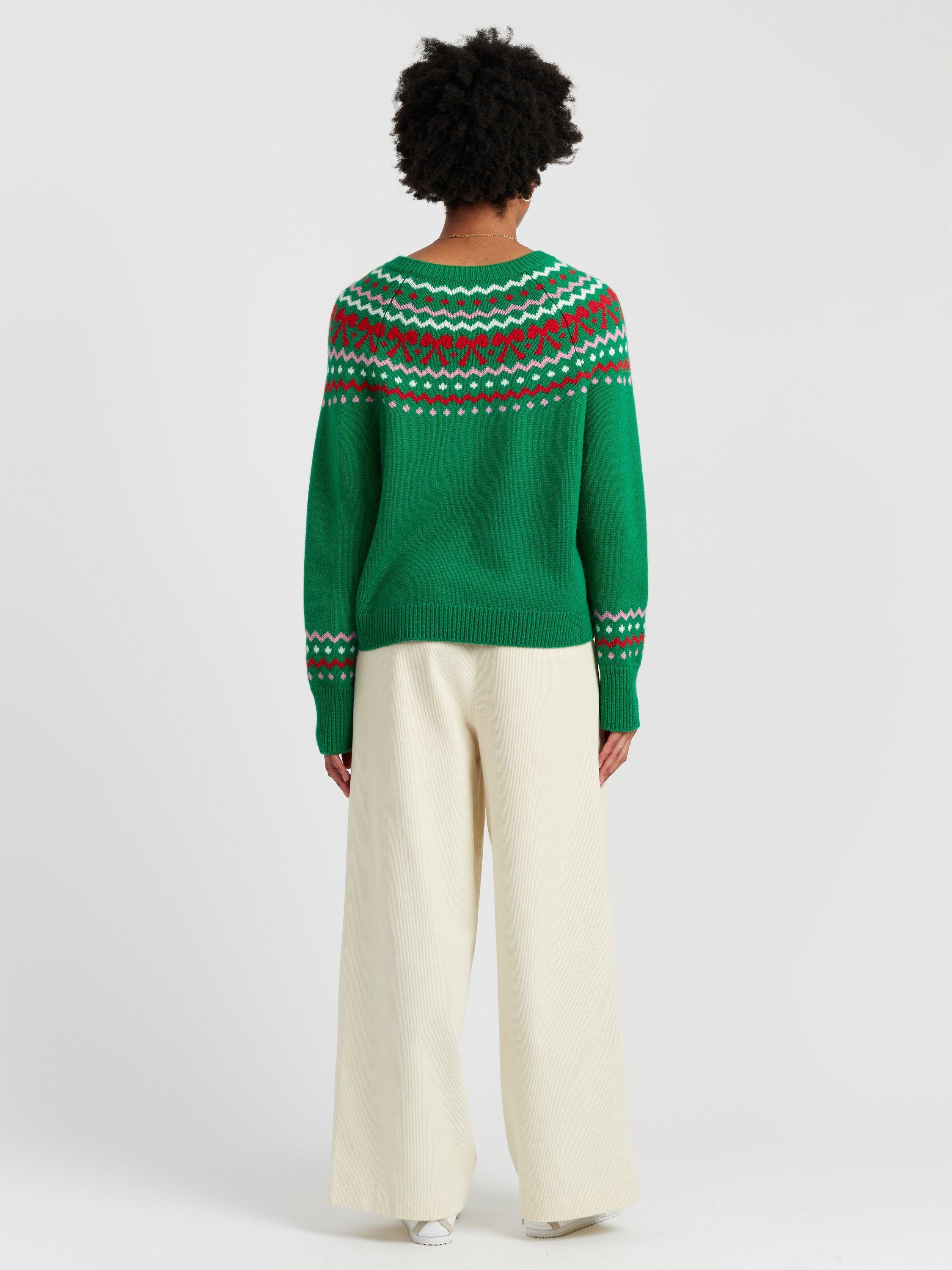 Product image 2 of 4, which shows Chinti & Parker Bow Fairisle Wool-Cashmere  Sweater , Green/Multi, XS