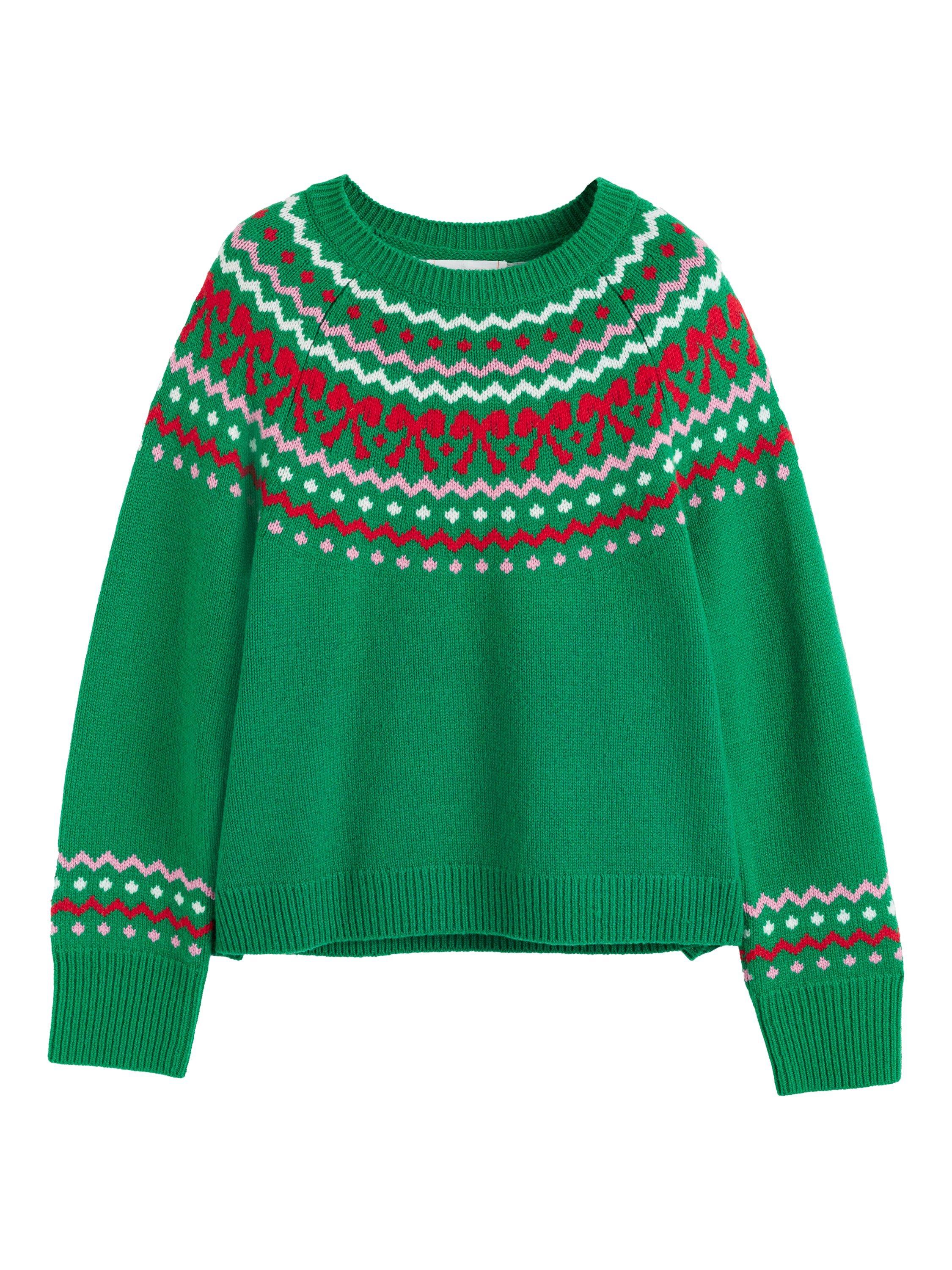 Product image 4 of 4, which shows Chinti & Parker Bow Fairisle Wool-Cashmere  Sweater , Green/Multi, XS