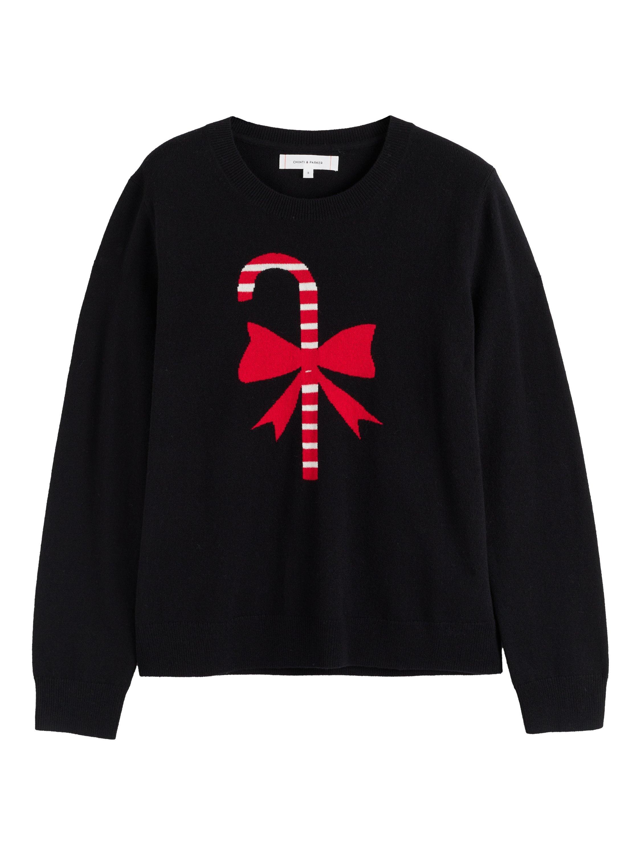 Product image 4 of 4, which shows Chinti & Parker Wool-Cashmere Candy Cane Sweater , Black/Multi, XS