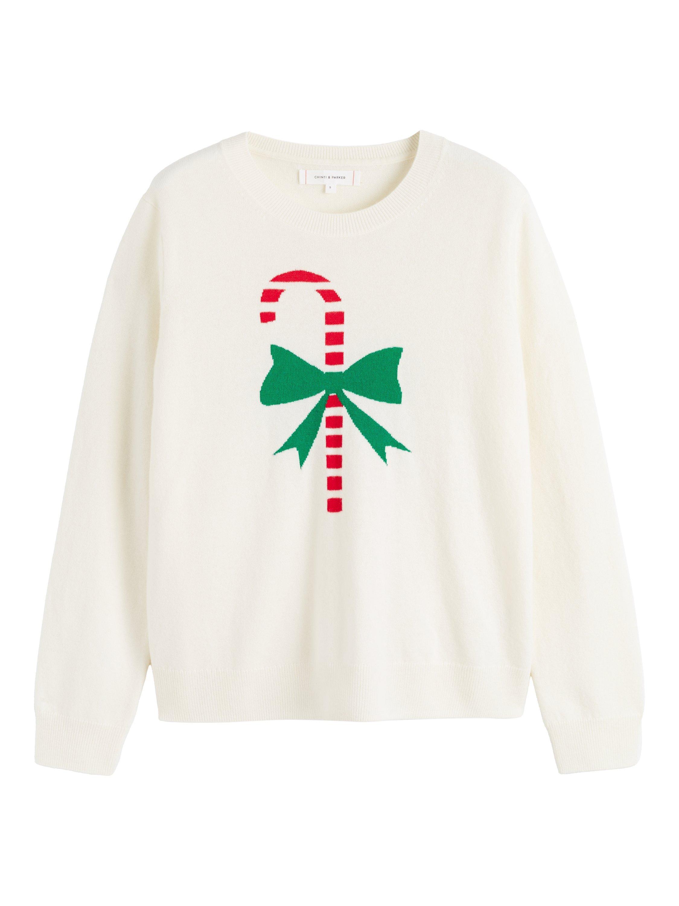 Product image 4 of 4, which shows Chinti & Parker Wool-Cashmere Candy Cane Sweater , White/Multi, XS
