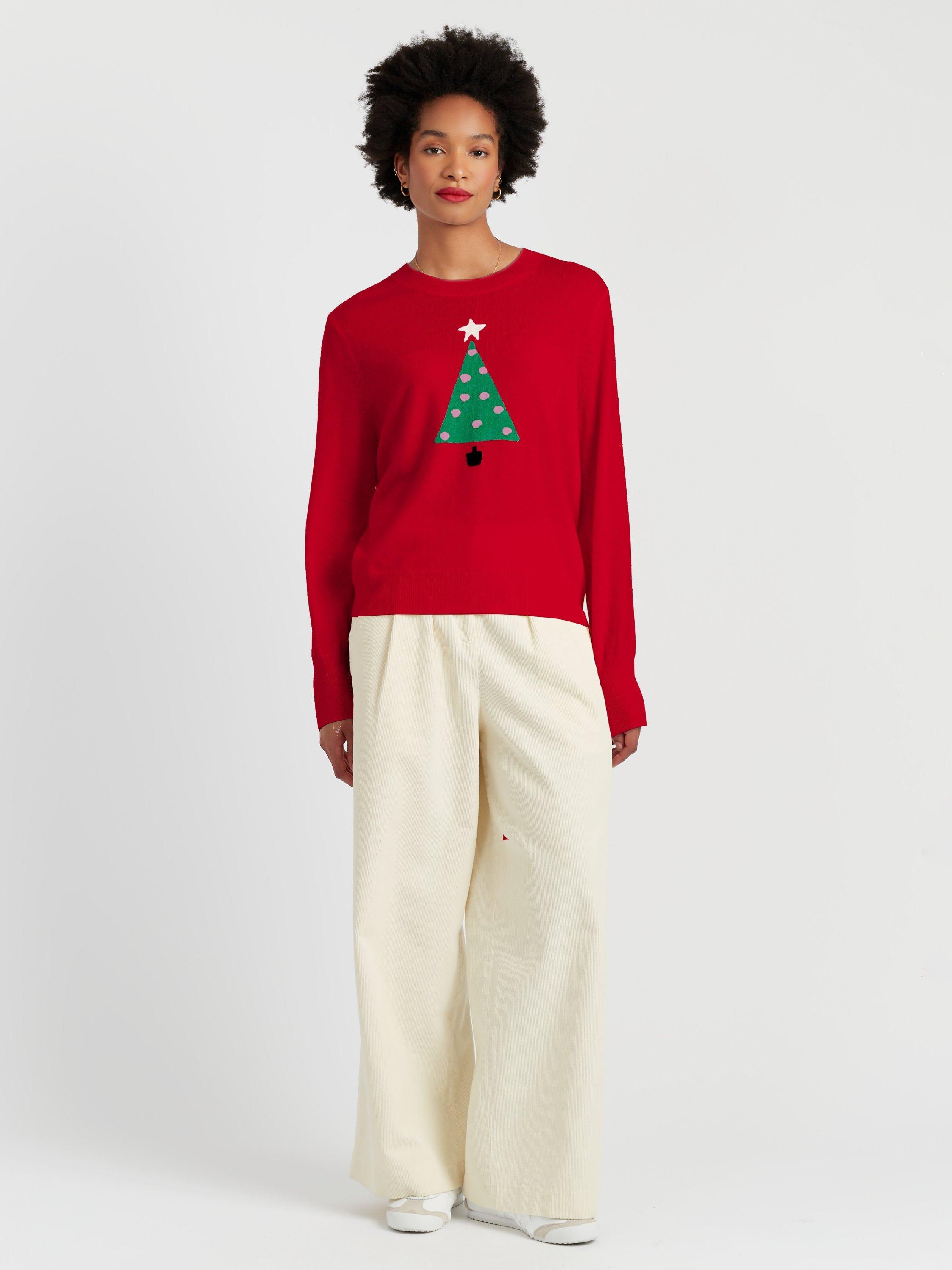 Product image 1 of 4, which shows Chinti & Parker Wool-Cashmere Christmas Tree Sweater, Velvet Red, XS