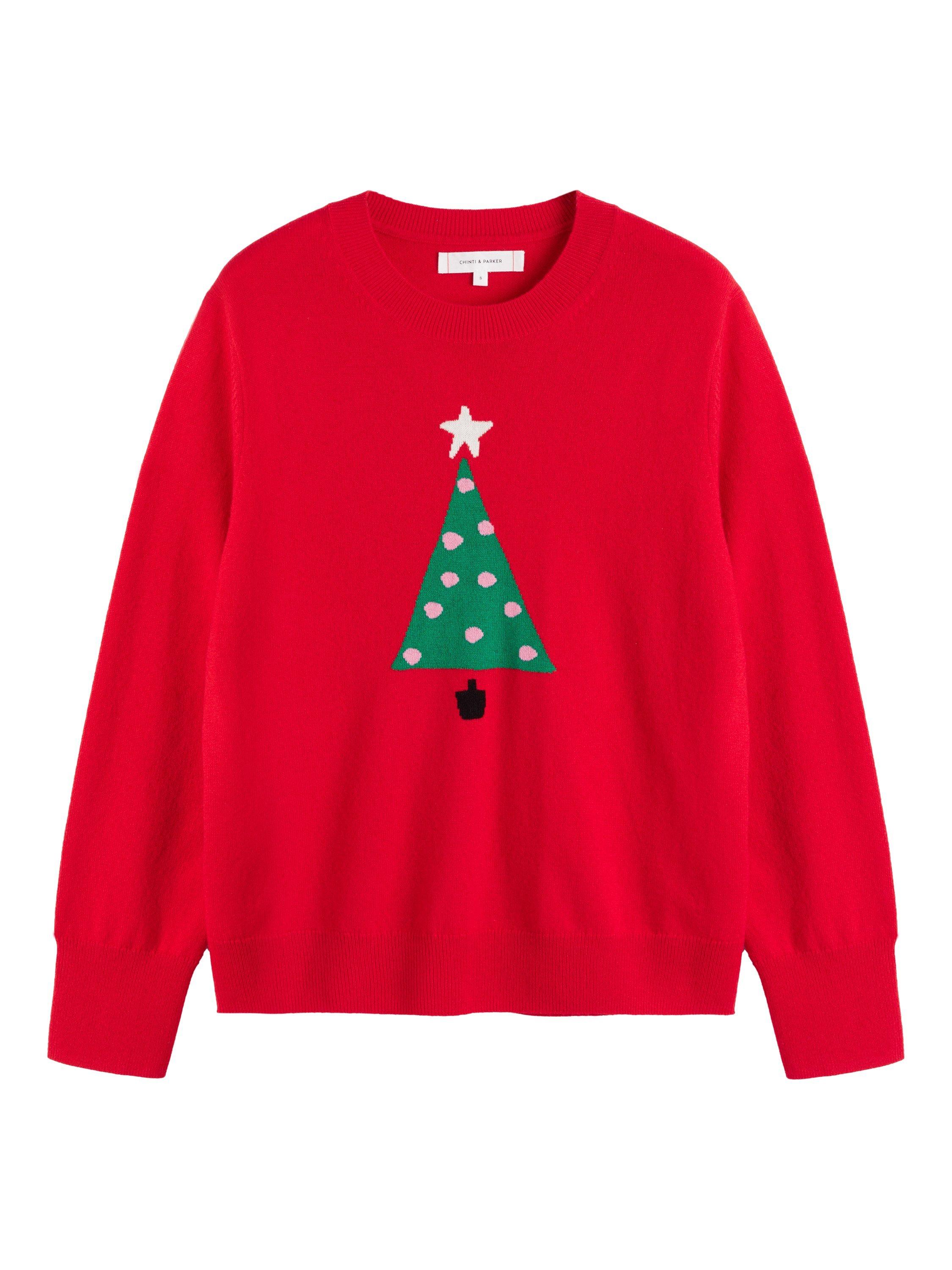 Product image 4 of 4, which shows Chinti & Parker Wool-Cashmere Christmas Tree Sweater, Velvet Red, XS