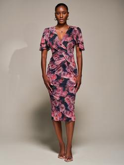 Jolie Moi Floral Angel Sleeve Bodycon Dress, Red Floral, Red Floral