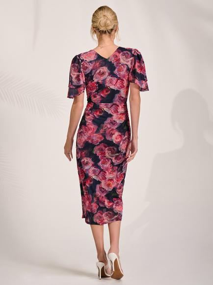 Jolie Moi Floral Angel Sleeve Bodycon Dress, Red Floral - view 2, Red Floral