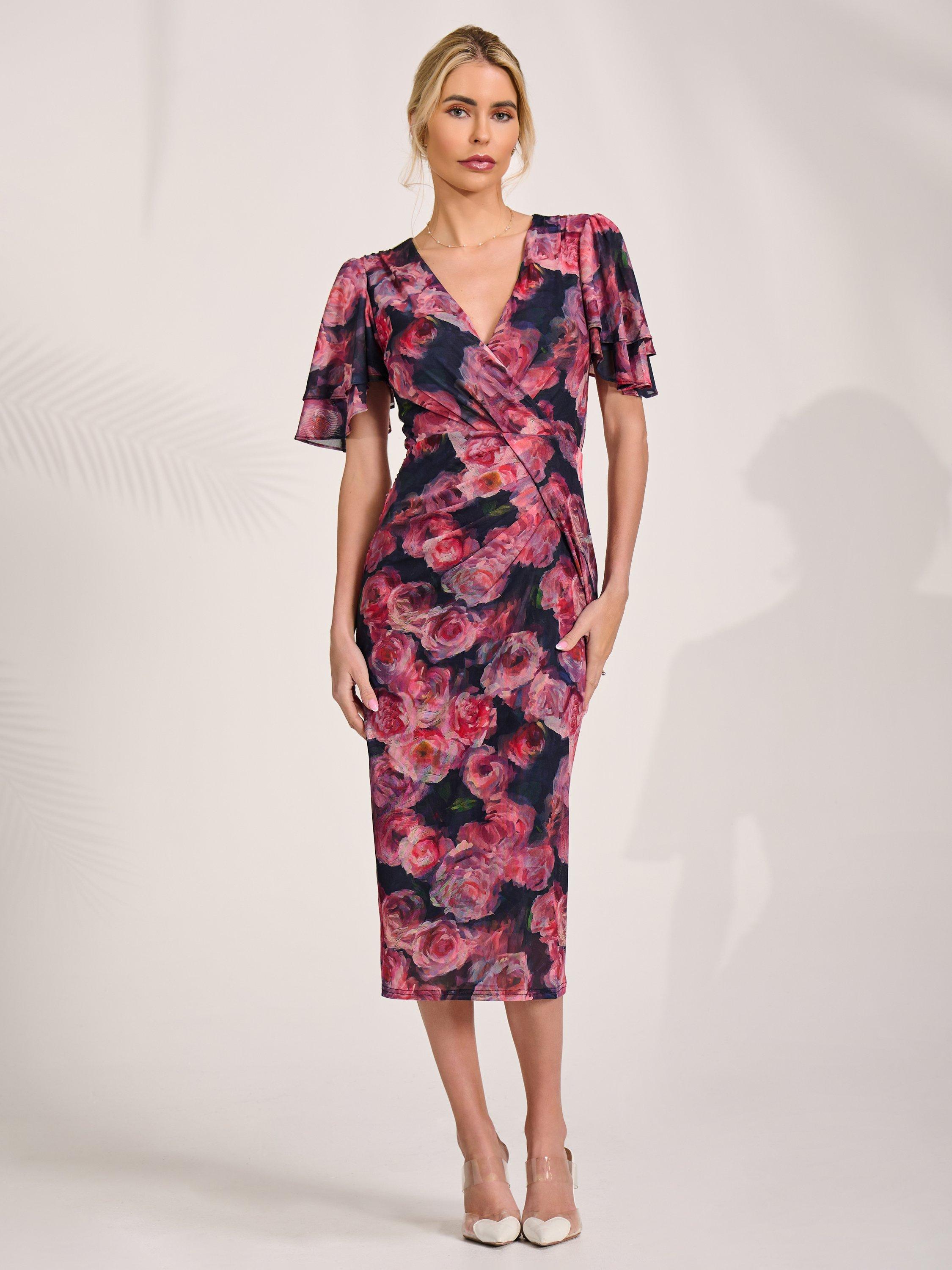 burgundy feather trim dress SHEIN Aloruh Elegant Pink Floral Print Beach Vacation Party Bodycon Dr |  Dress main image 1