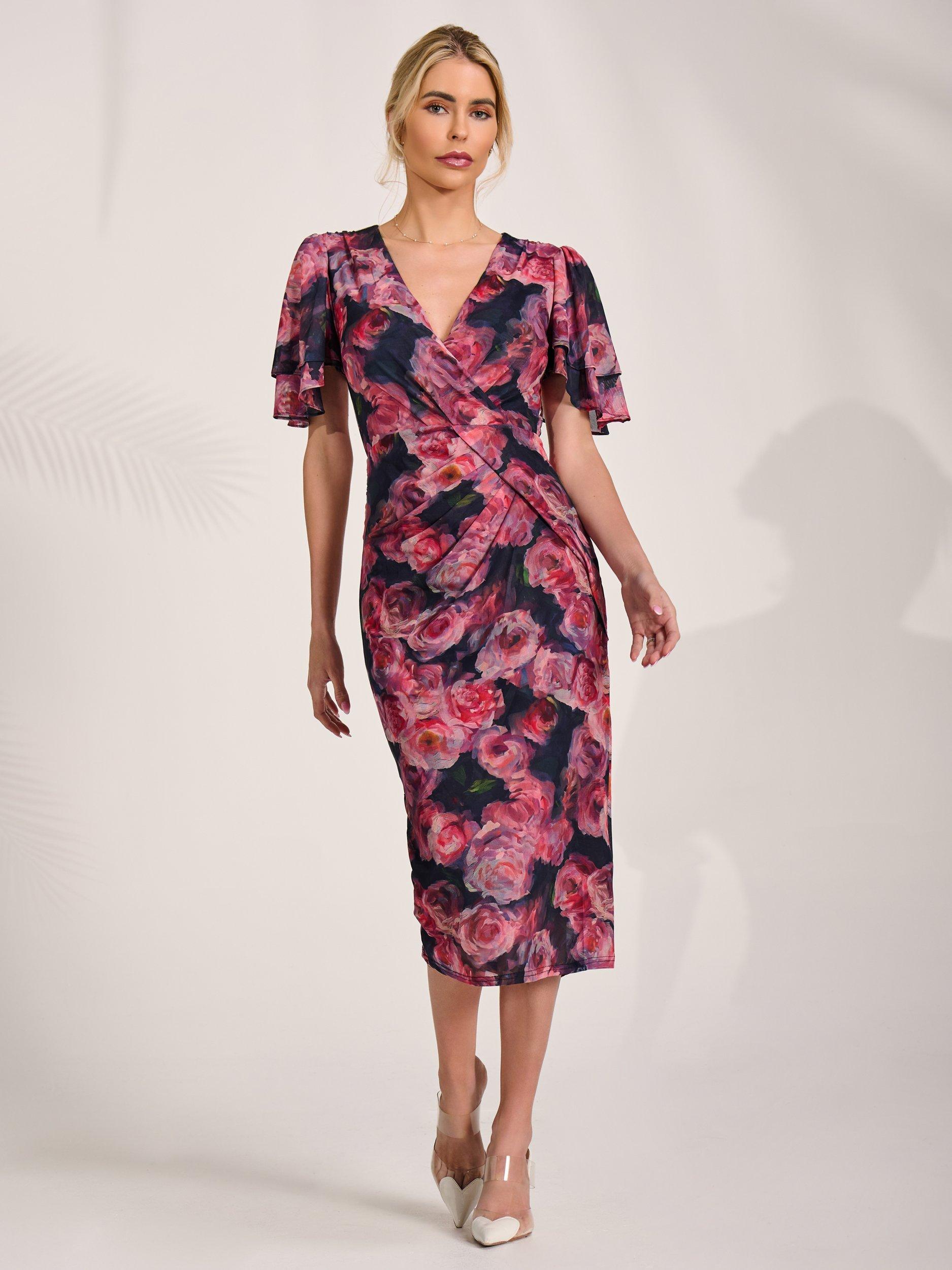 Jolie Moi Floral Angel Sleeve Bodycon Dress, Red Floral