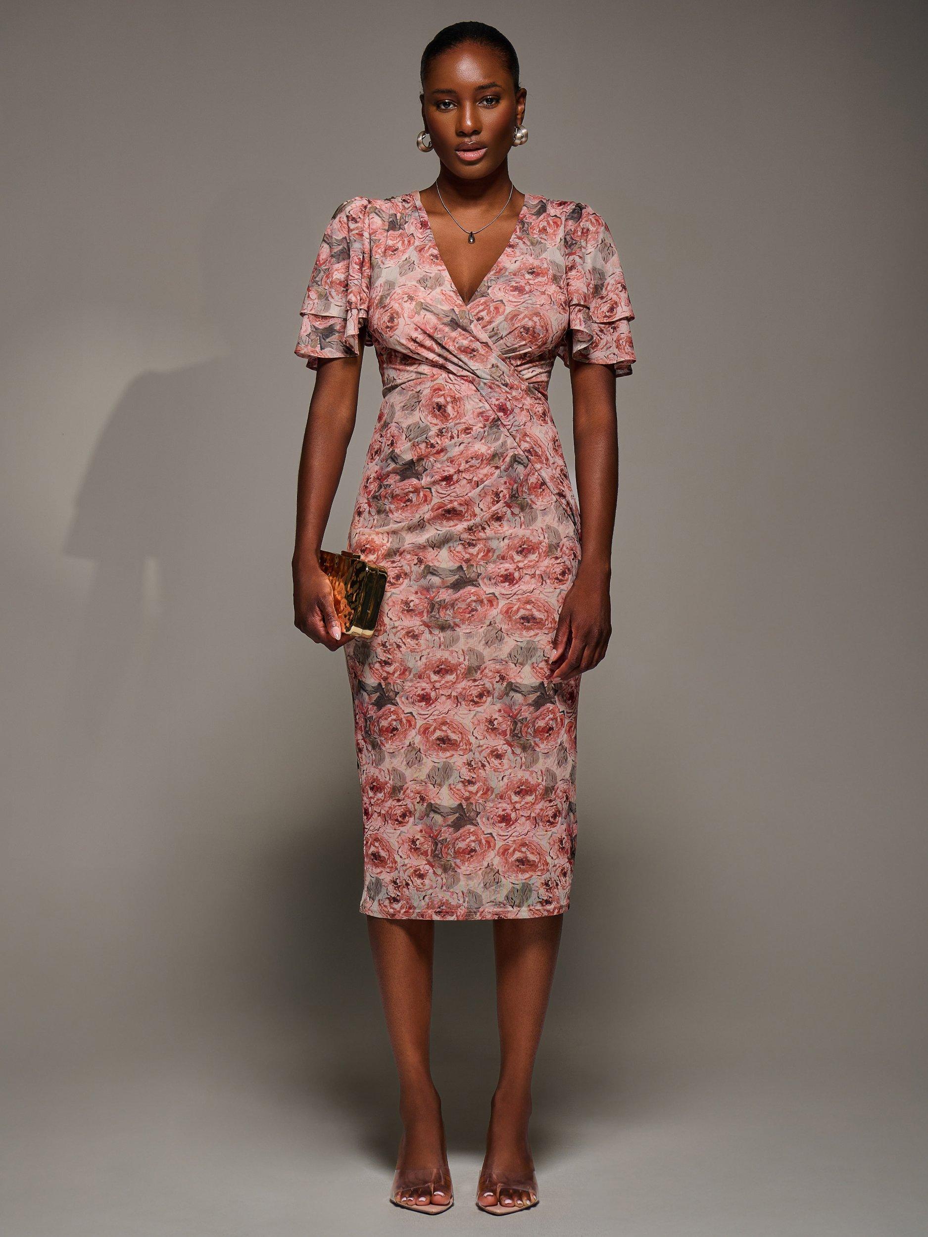 Jolie Moi Floral Angel Sleeve Mesh Dress, Pink Abstract