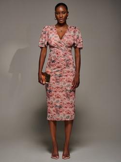 Jolie Moi Floral Angel Sleeve Mesh Dress, Pink Abstract, Pink Abstract