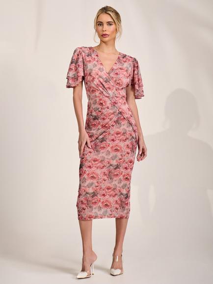 Jolie Moi Floral Angel Sleeve Mesh Dress, Pink Abstract, Pink Abstract