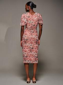 Jolie Moi Floral Angel Sleeve Mesh Dress, Pink Abstract - view 2, Pink Abstract