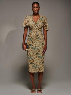 Jolie Moi Floral Angel Sleeve Bodycon Dress, Green/Multi, Green/Multi